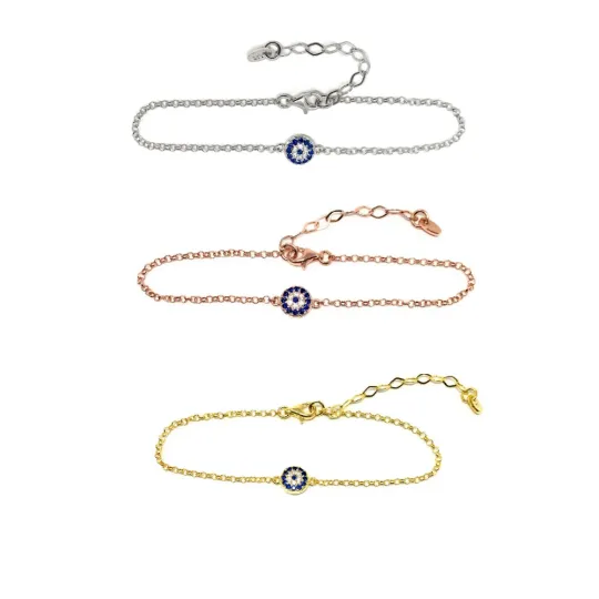 Evil Eye Chain Bracelet Sterling Silver Turkish Little Round Charm Cubic Zirconia