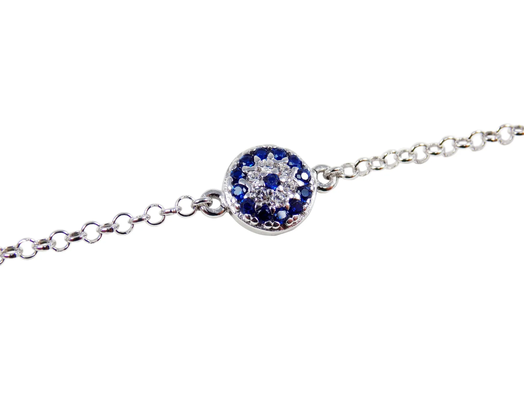 Evil Eye Chain Bracelet Sterling Silver Turkish Little Round Charm Cubic Zirconia