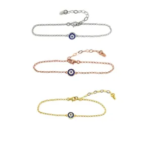 Evil Eye Chain Bracelet Sterling Silver Turkish Little Round Charm Cubic Zirconia