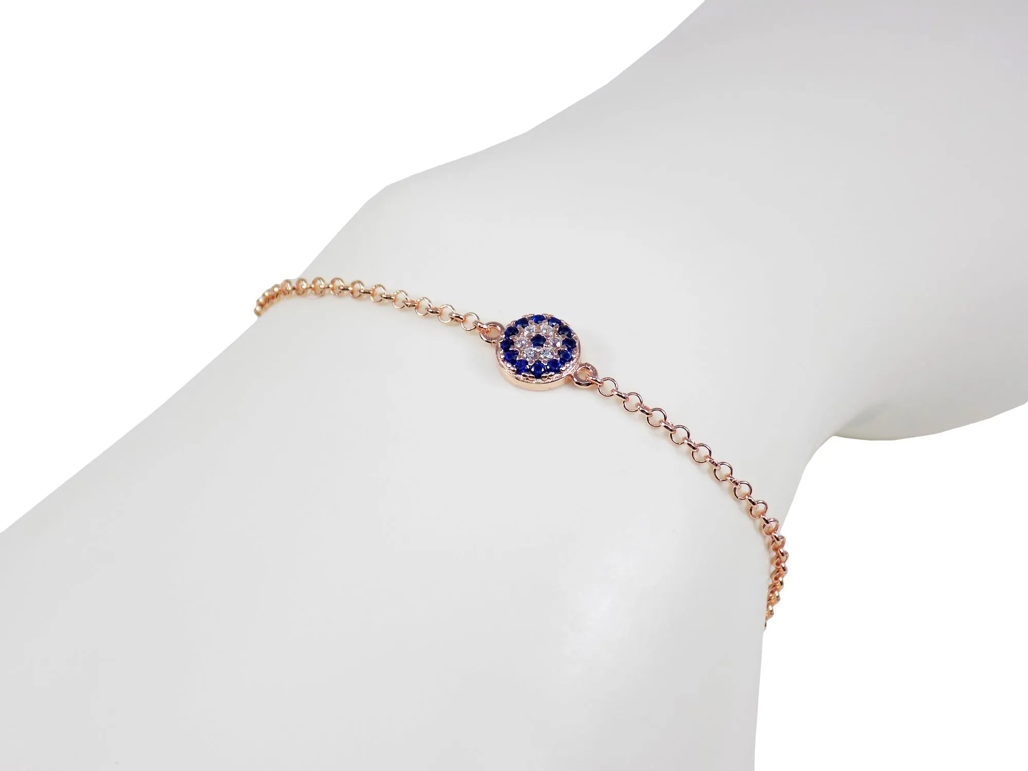 Evil Eye Chain Bracelet Sterling Silver Turkish Little Round Charm Cubic Zirconia