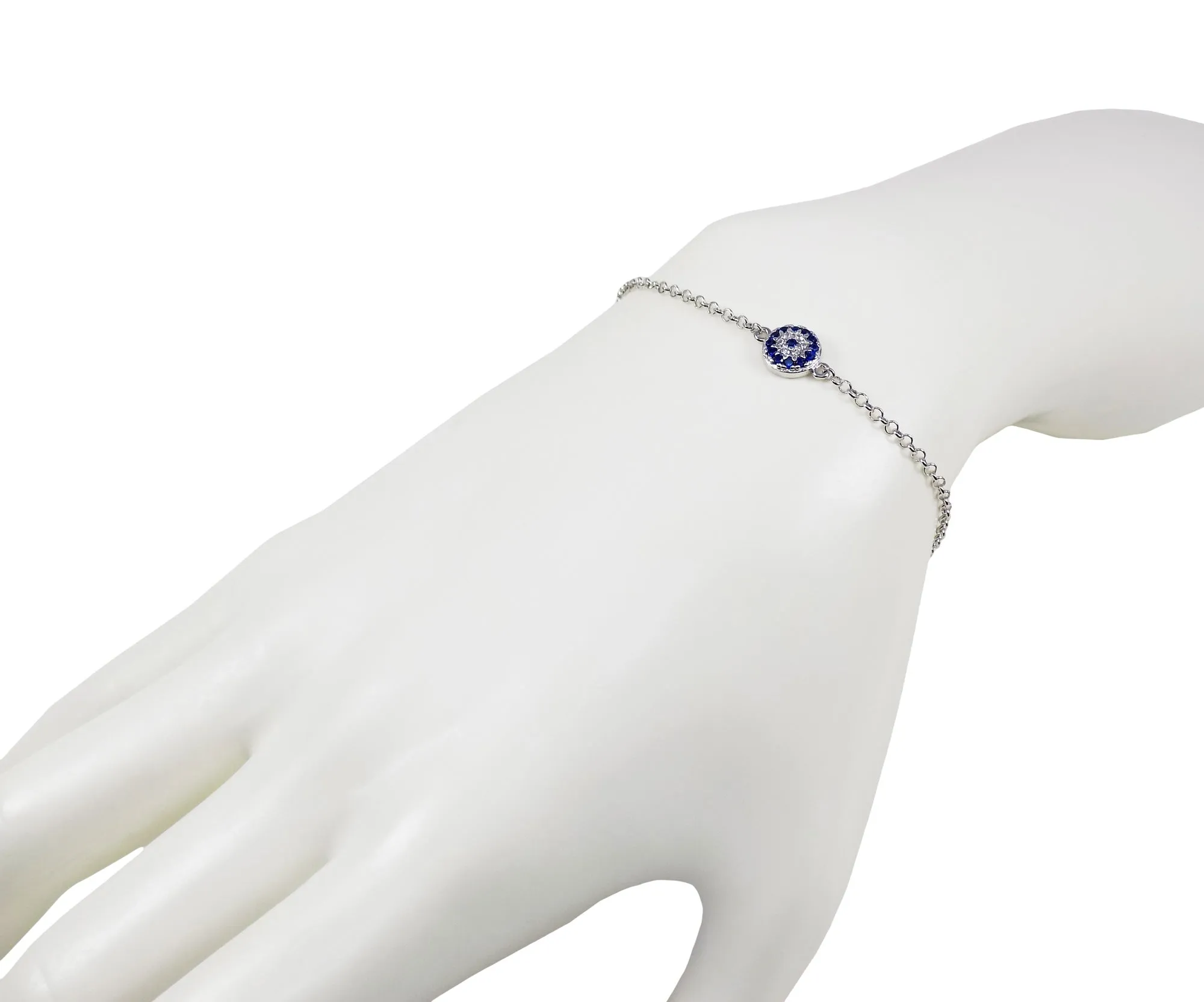 Evil Eye Chain Bracelet Sterling Silver Turkish Little Round Charm Cubic Zirconia