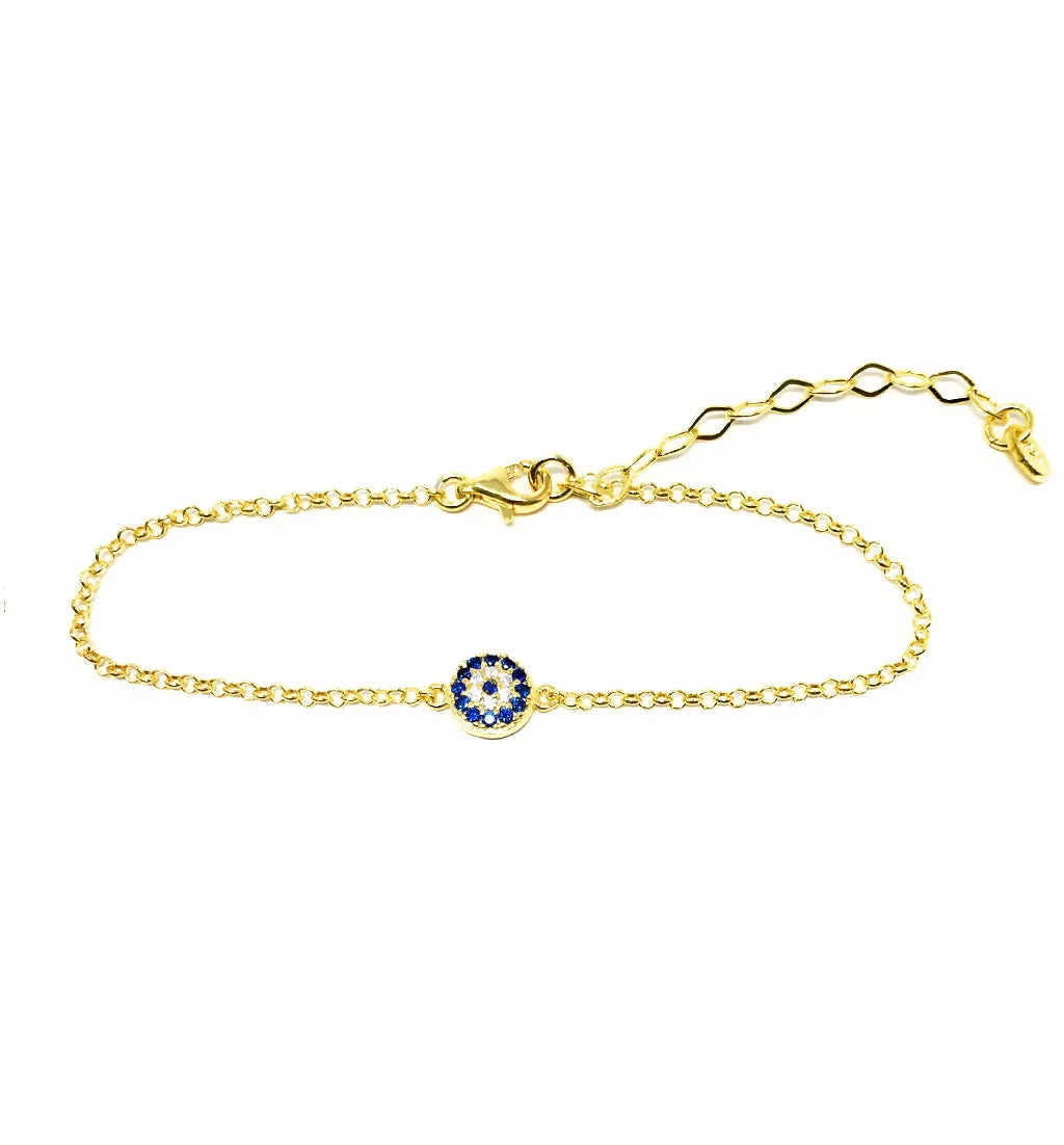 Evil Eye Chain Bracelet Sterling Silver Turkish Little Round Charm Cubic Zirconia