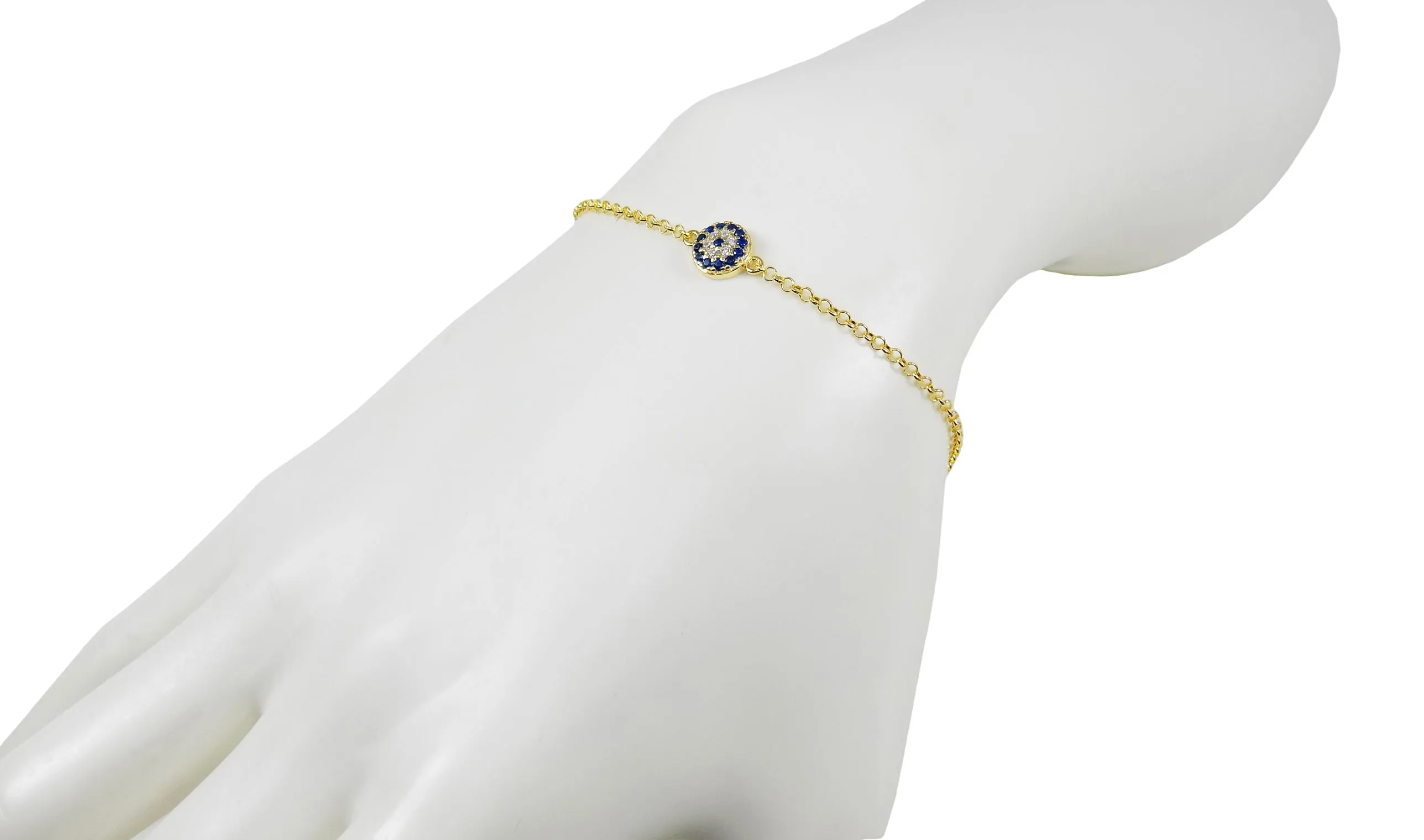 Evil Eye Chain Bracelet Sterling Silver Turkish Little Round Charm Cubic Zirconia