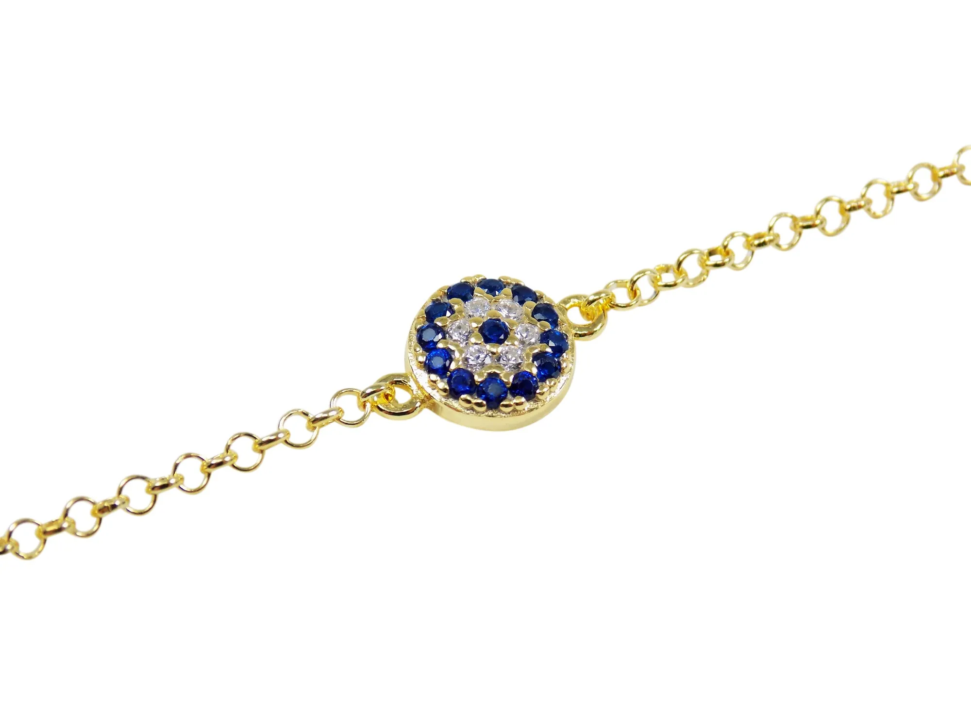 Evil Eye Chain Bracelet Sterling Silver Turkish Little Round Charm Cubic Zirconia