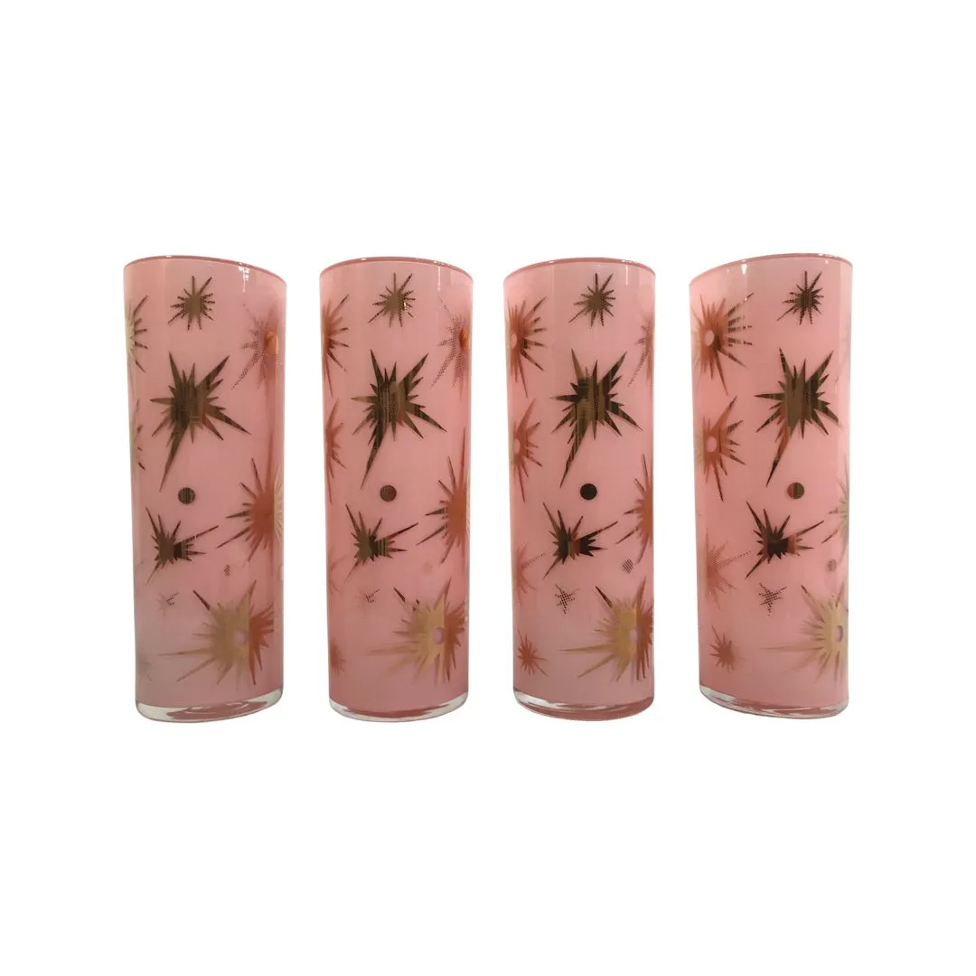 Federal Glass Mid-Century Pink Atomic & 22-Karat Gold Star Tall Collins Glasses (Set of 4)