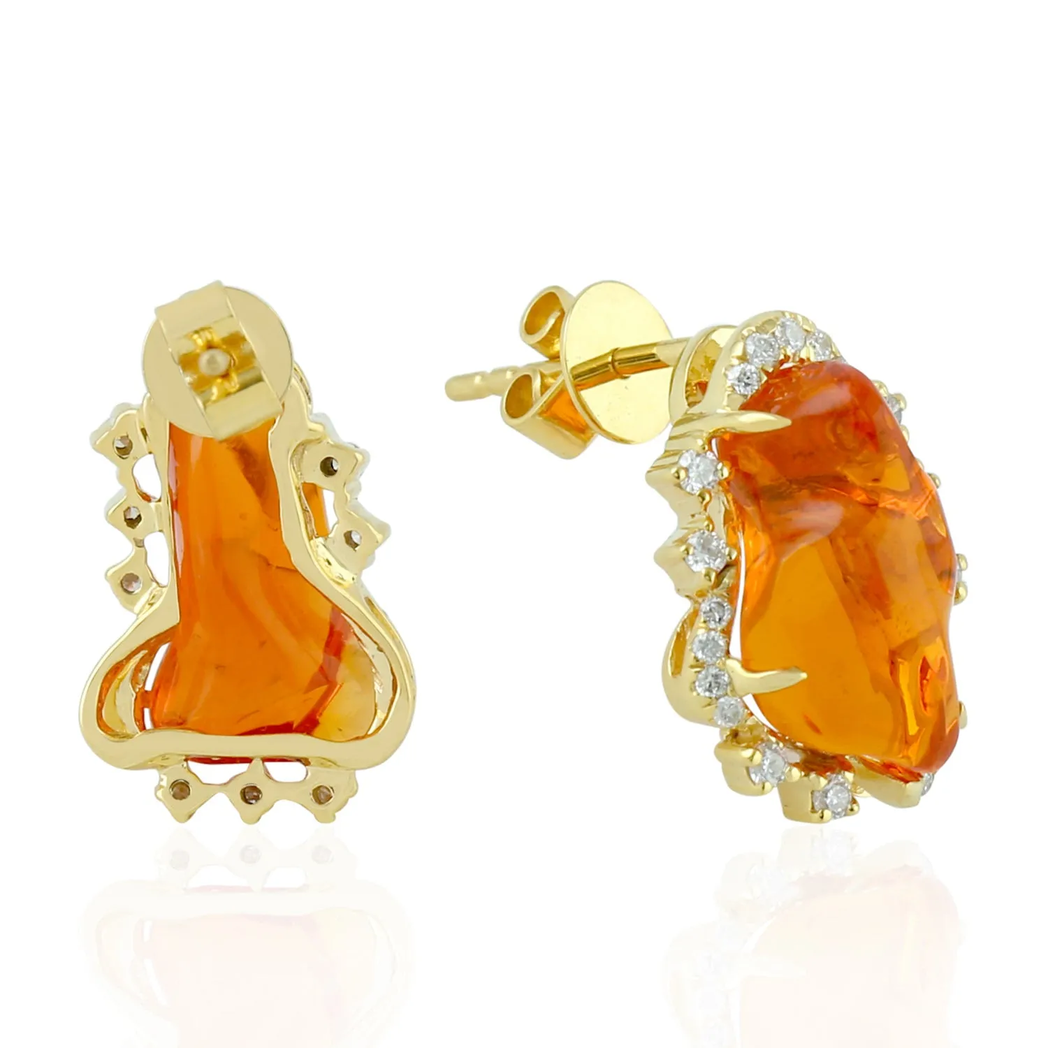 Fire Opal Stud Earrings 18k Yellow Gold Diamond Handmade Jewelry