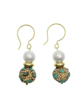 Freshwater Pearl With Rhinestone Turquoise Hook Earrings CE020