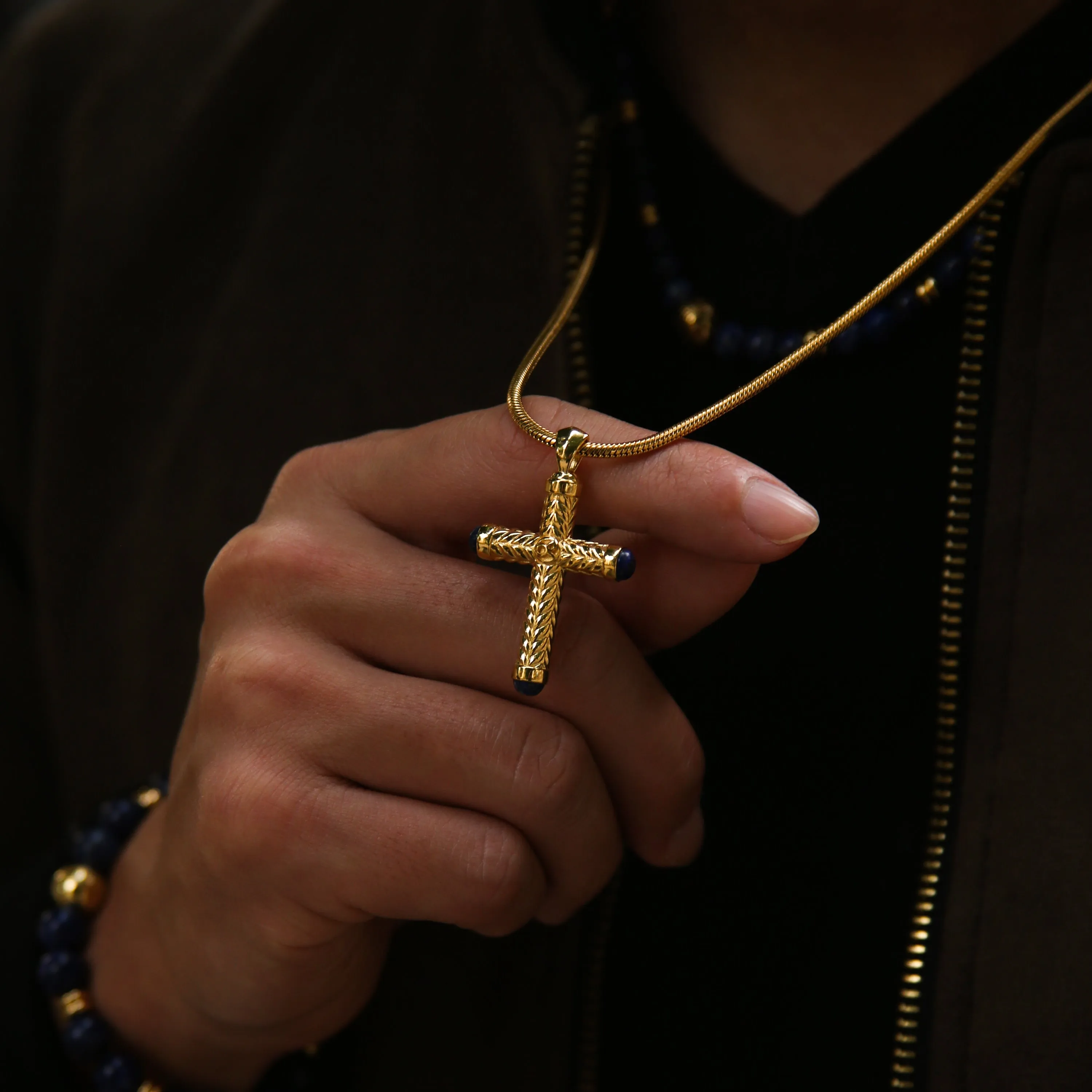 Gold Cross Pendant With Lapis Lazuli
