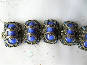 GORGEOUS Art Deco Bracelet,Art Glass Silver Metal Bracelet,Ornate Bracelet,Wide Cuff Bracelet,Blue Slag Glass,Collectible Vintage Jewelry