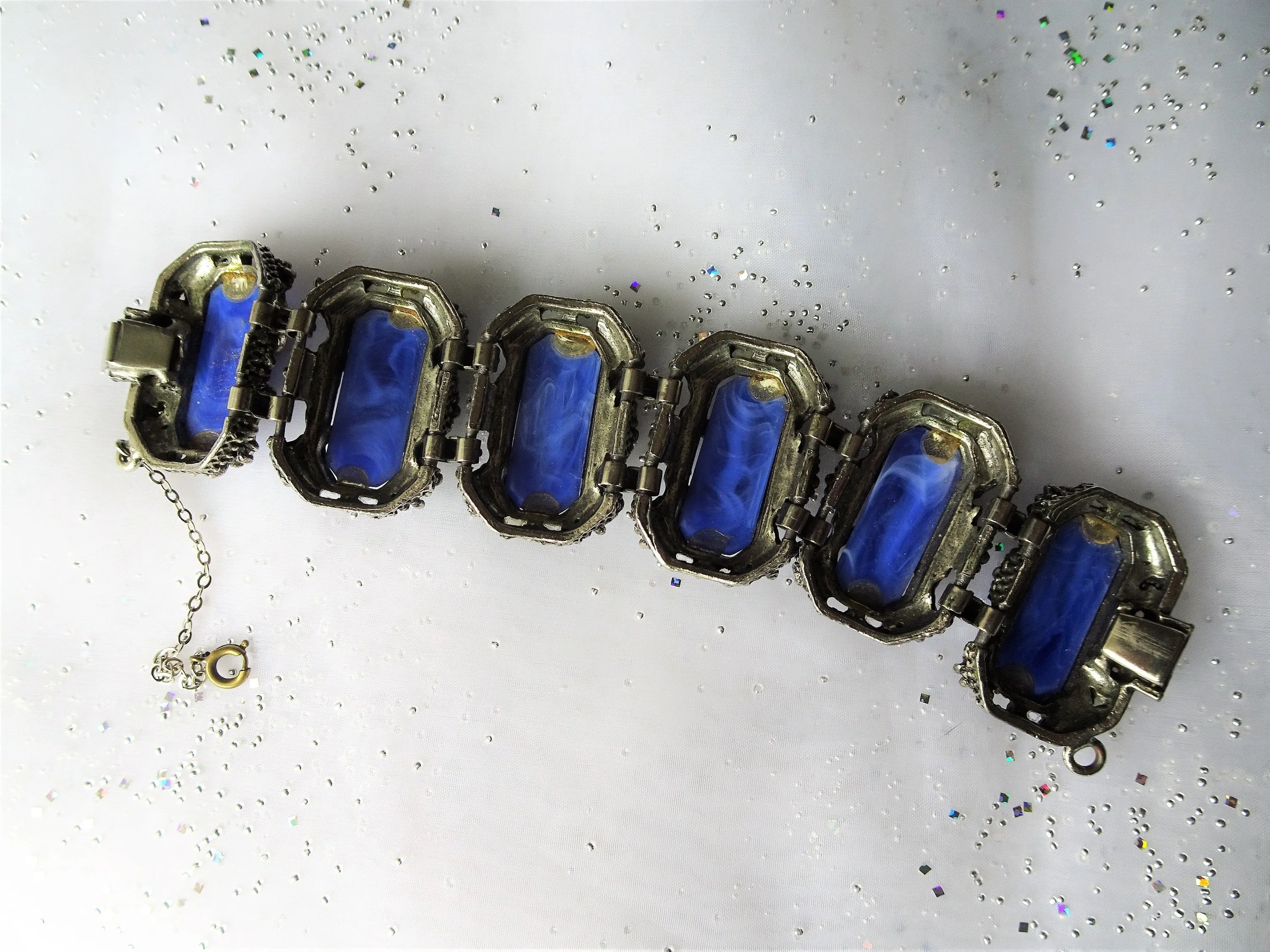 GORGEOUS Art Deco Bracelet,Art Glass Silver Metal Bracelet,Ornate Bracelet,Wide Cuff Bracelet,Blue Slag Glass,Collectible Vintage Jewelry