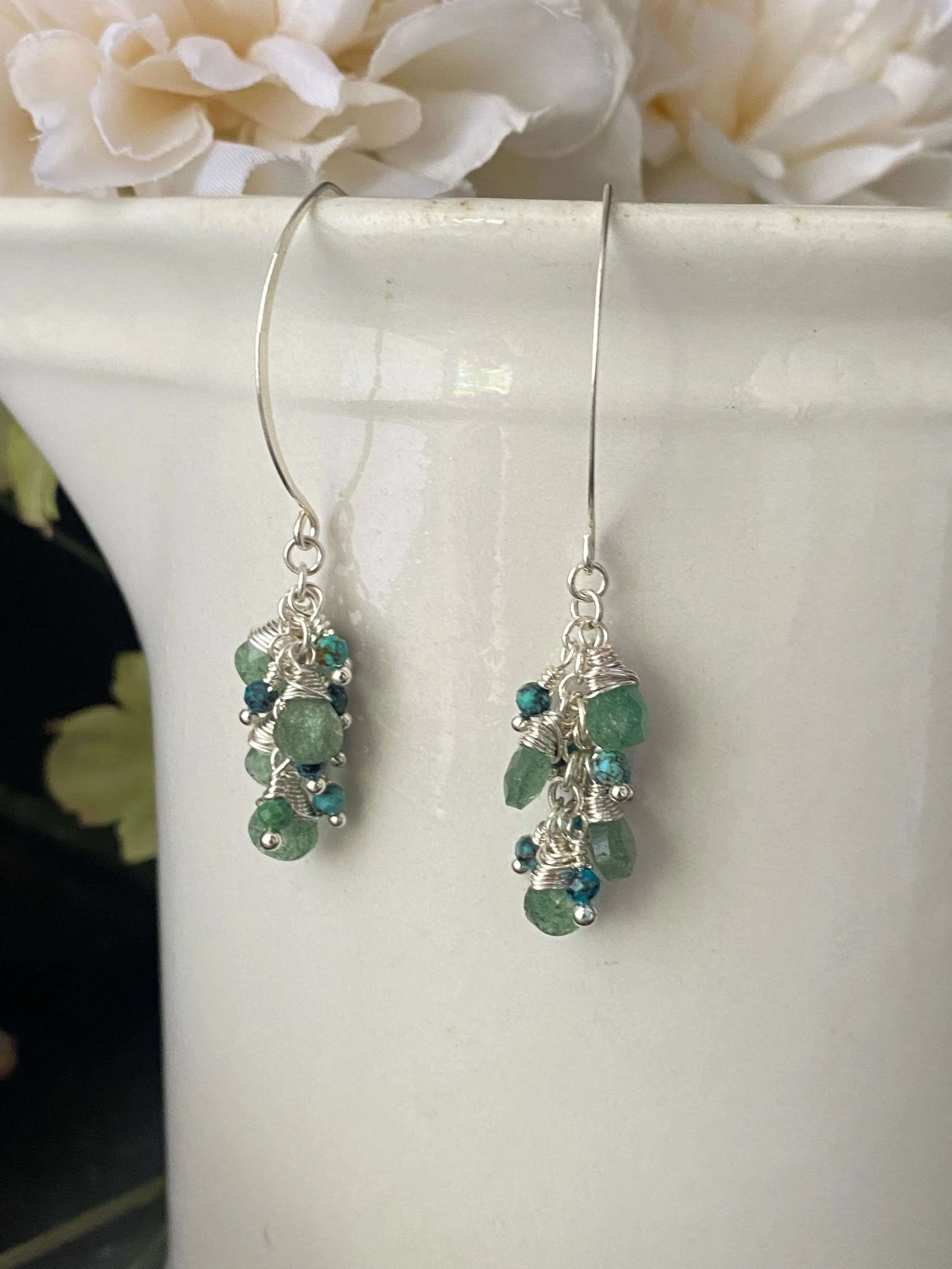 Green aventurine stone, green turquoise, silver earrings, jewelry.