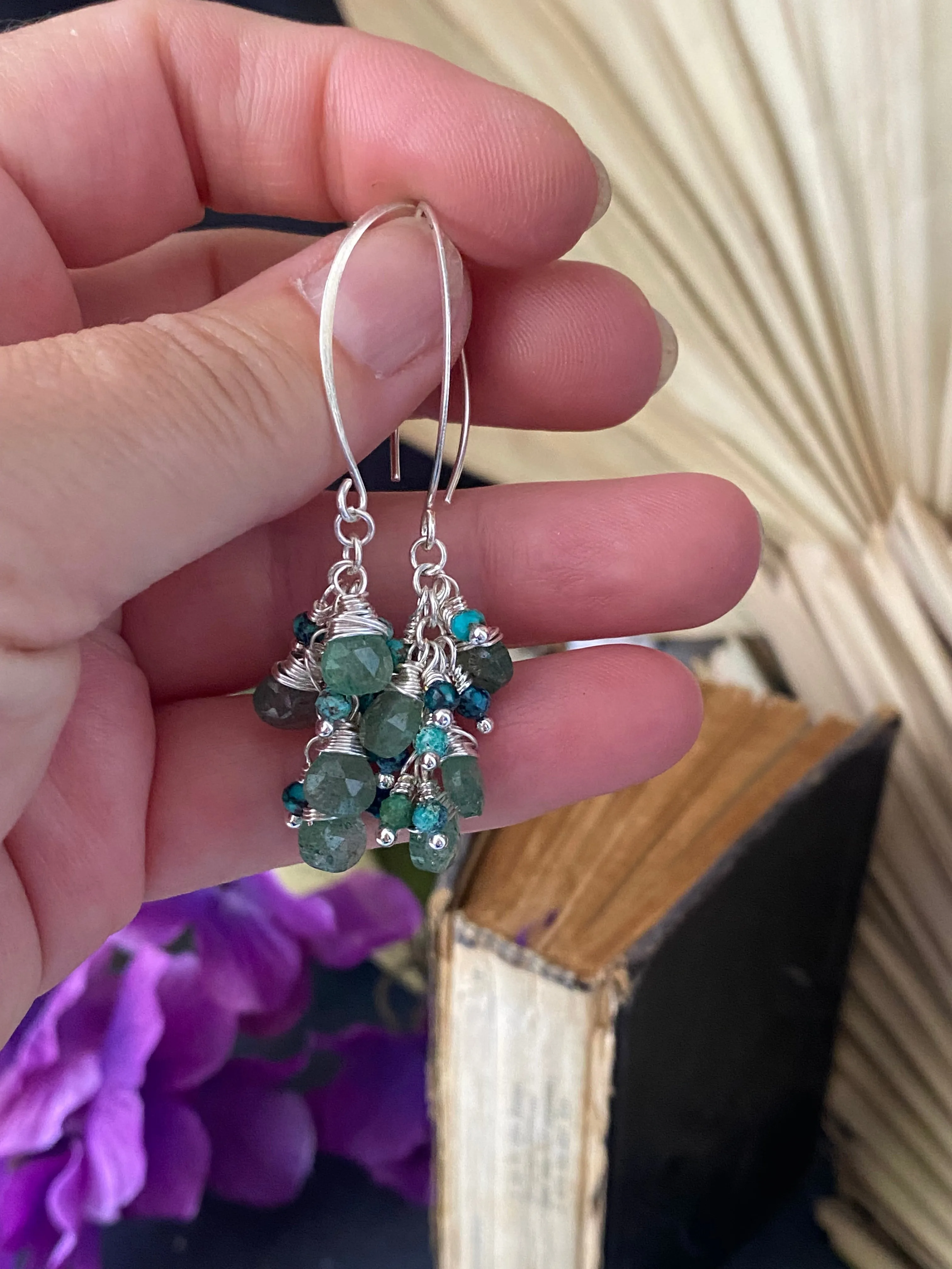Green aventurine stone, green turquoise, silver earrings, jewelry.