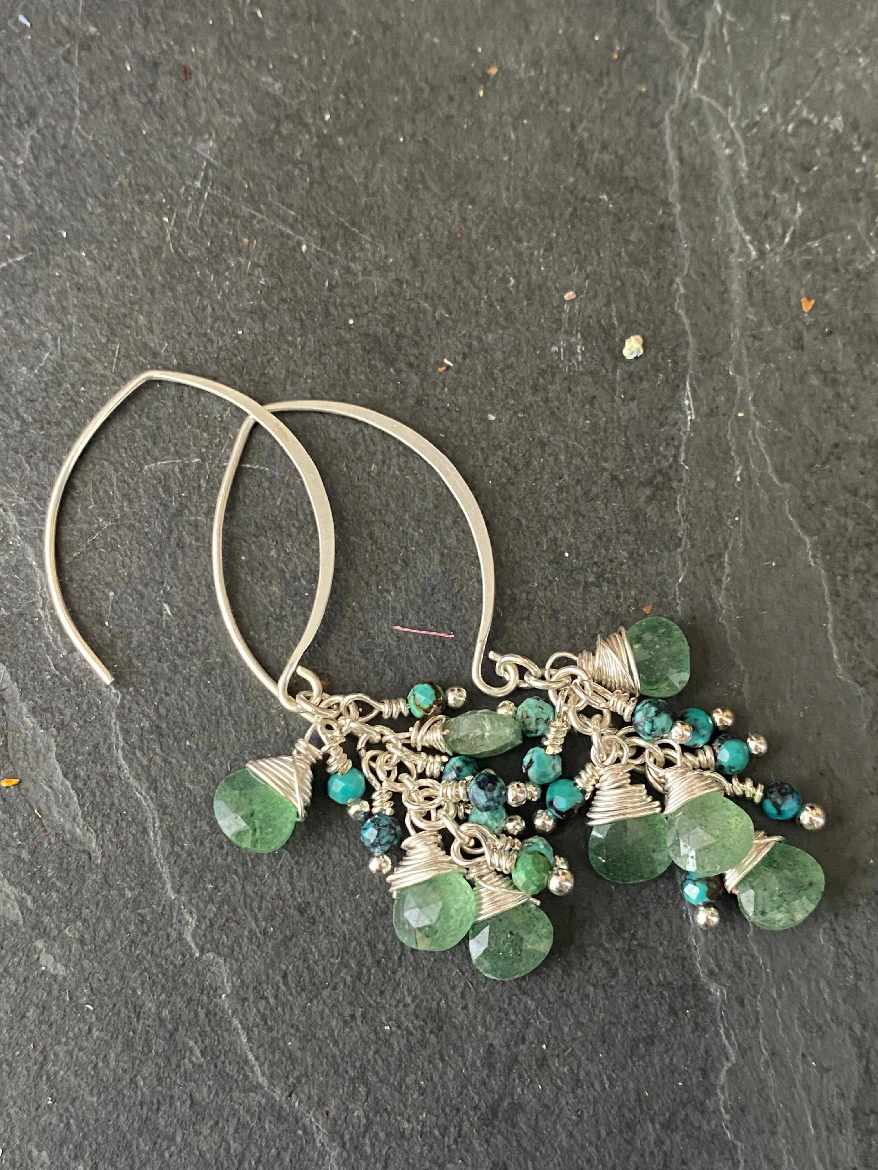 Green aventurine stone, green turquoise, silver earrings, jewelry.