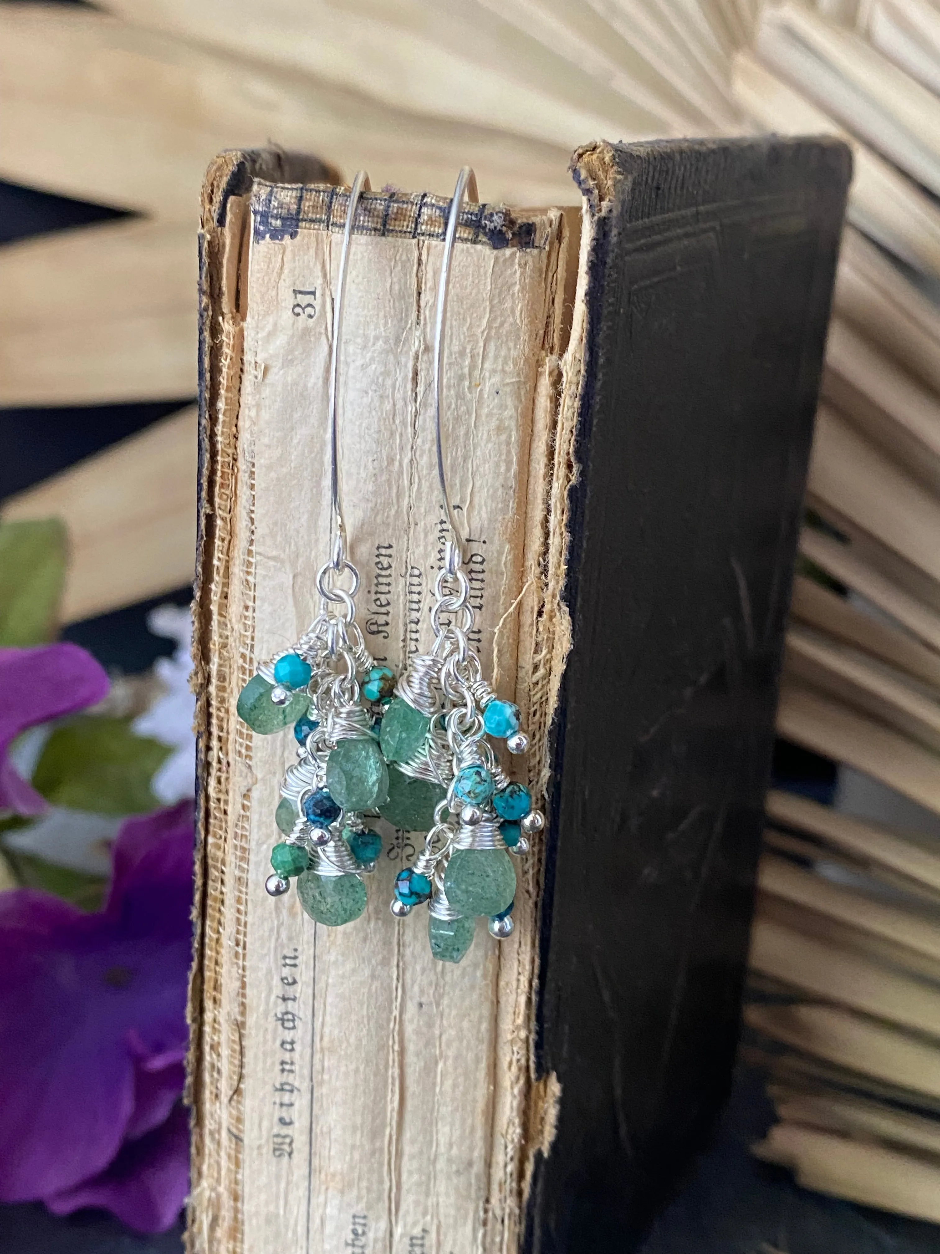 Green aventurine stone, green turquoise, silver earrings, jewelry.