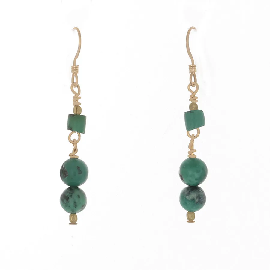 Green Turquoise & Brass Bead Earrings on gold French Hooks