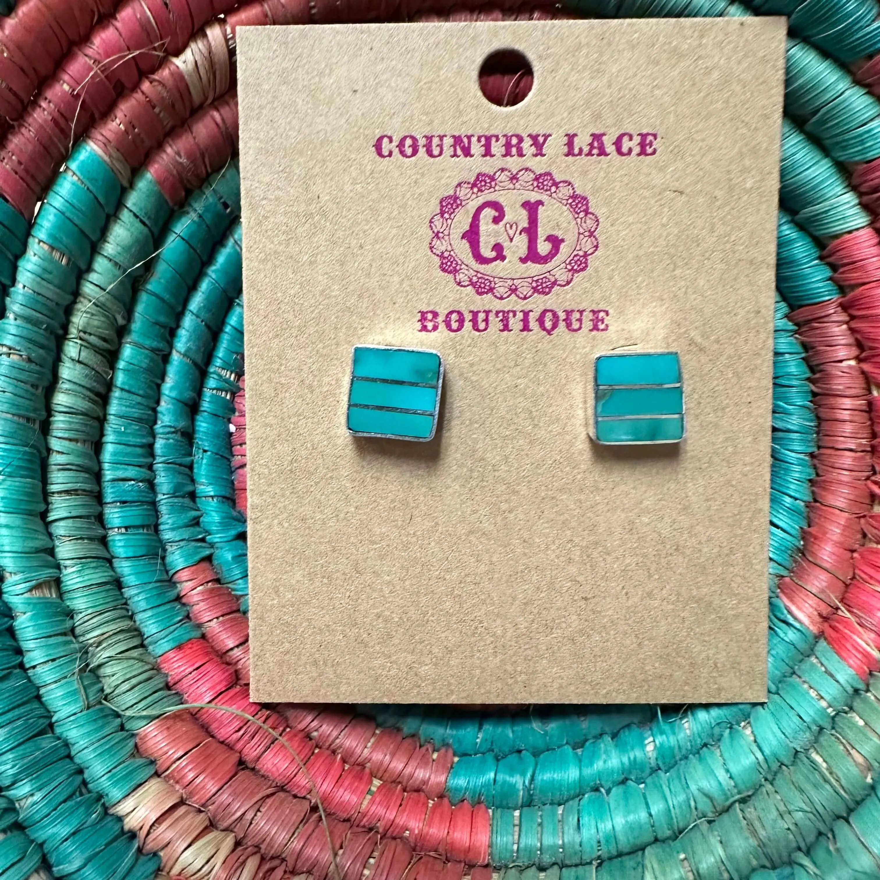 Green Turquoise Inlay Square Post Stud Genuine Earring