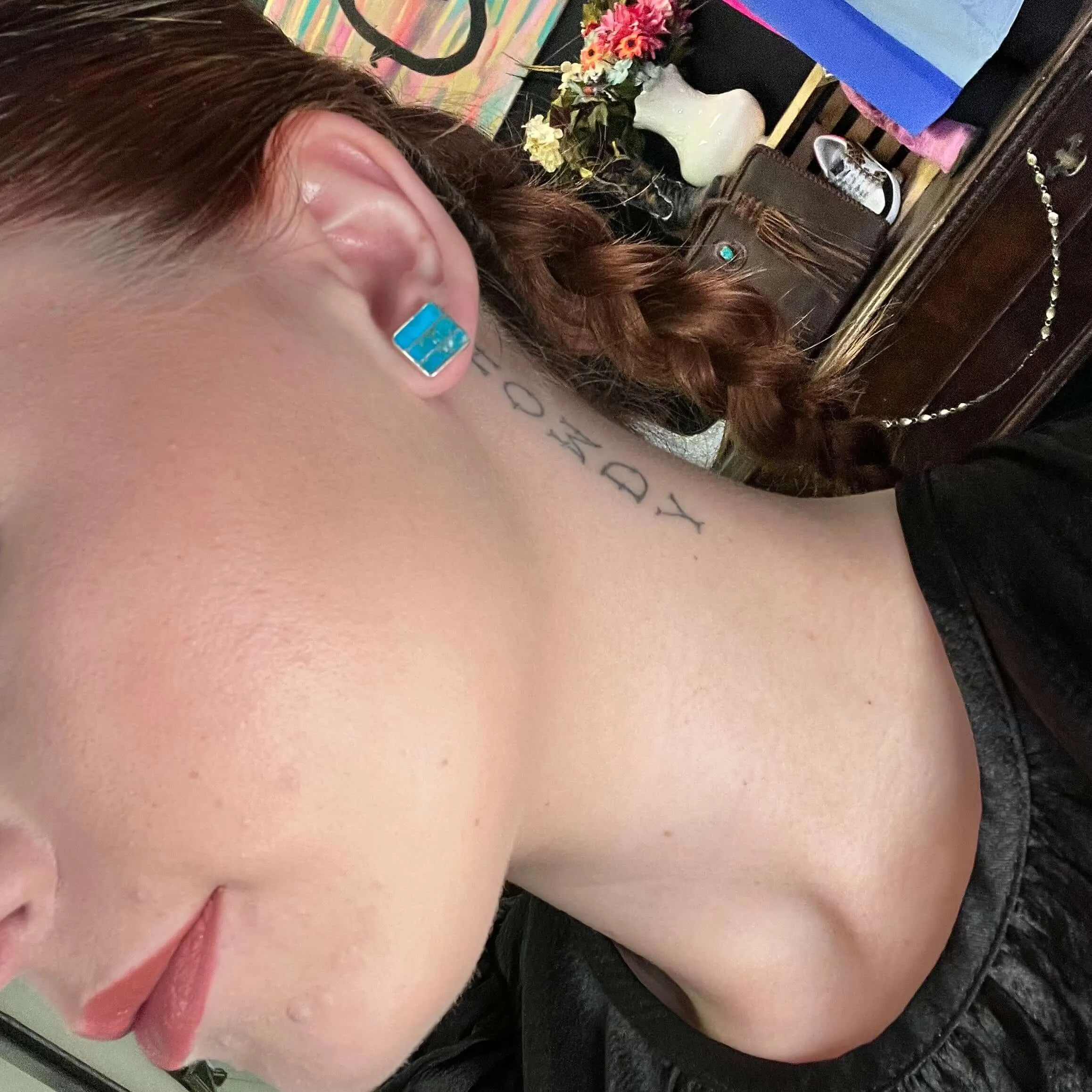 Green Turquoise Inlay Square Post Stud Genuine Earring