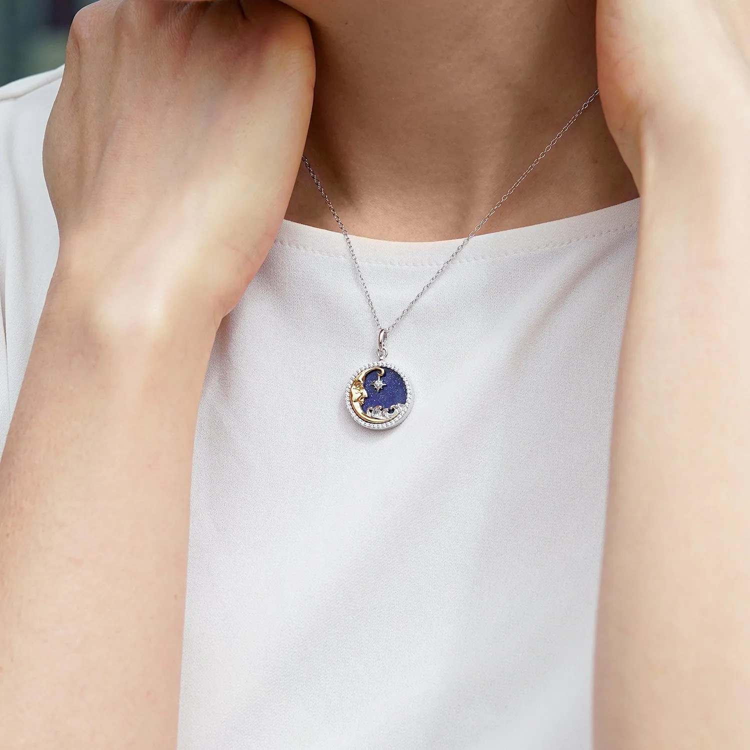 Hallmark Fine Jewelry Over The Moon Medallion in Sterling Silver & 14K Yellow Gold with Diamonds & Lapis