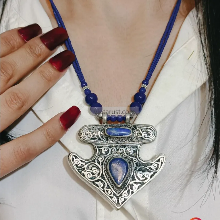 Handmade Lapis Lazuli Necklace with Silver Blue Stone Ring