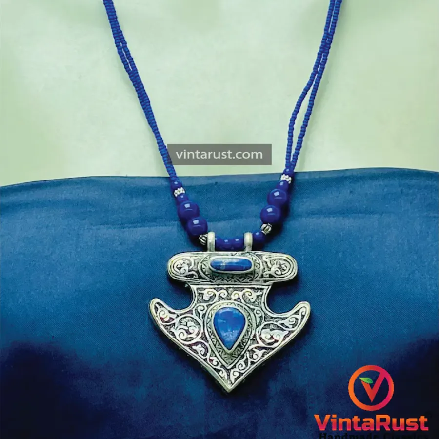 Handmade Lapis Lazuli Necklace with Silver Blue Stone Ring