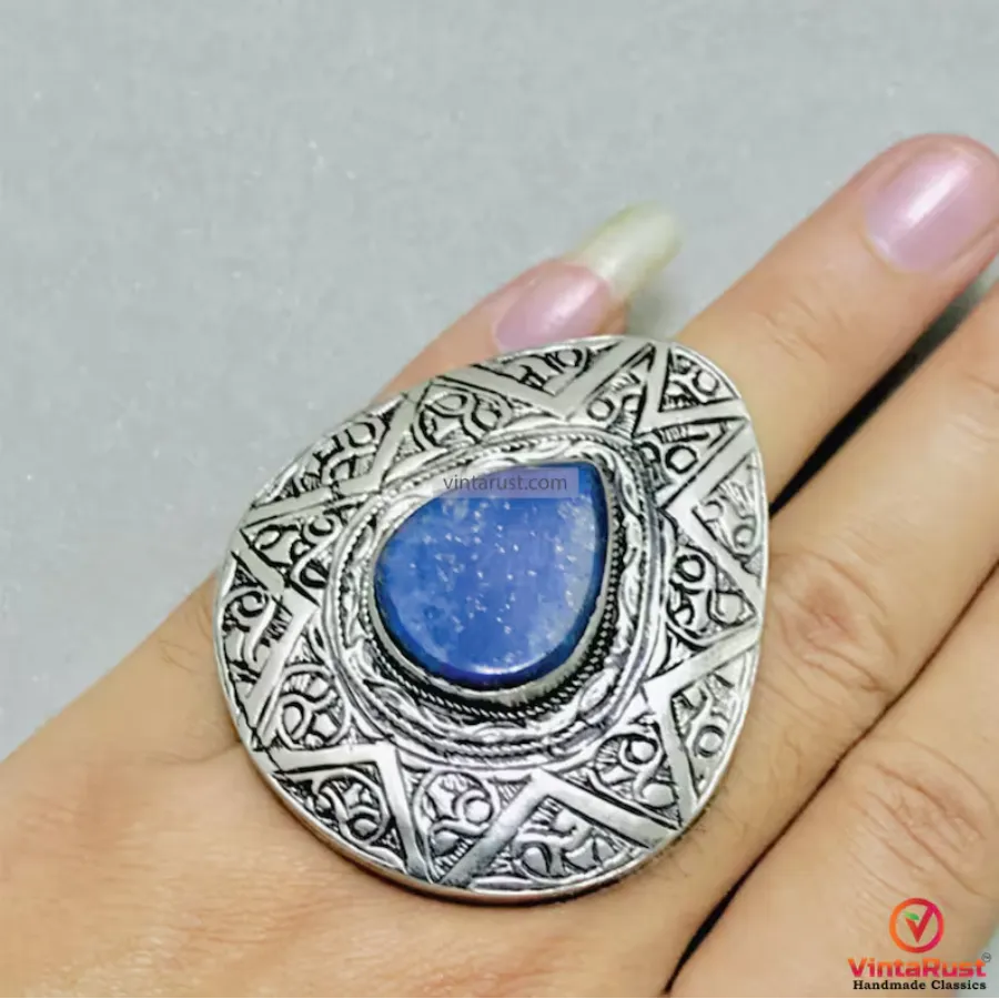 Handmade Lapis Lazuli Necklace with Silver Blue Stone Ring