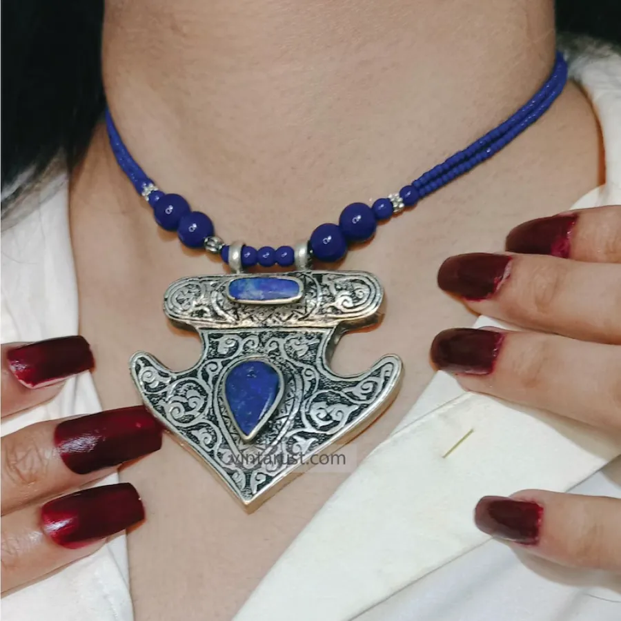 Handmade Lapis Lazuli Necklace with Silver Blue Stone Ring