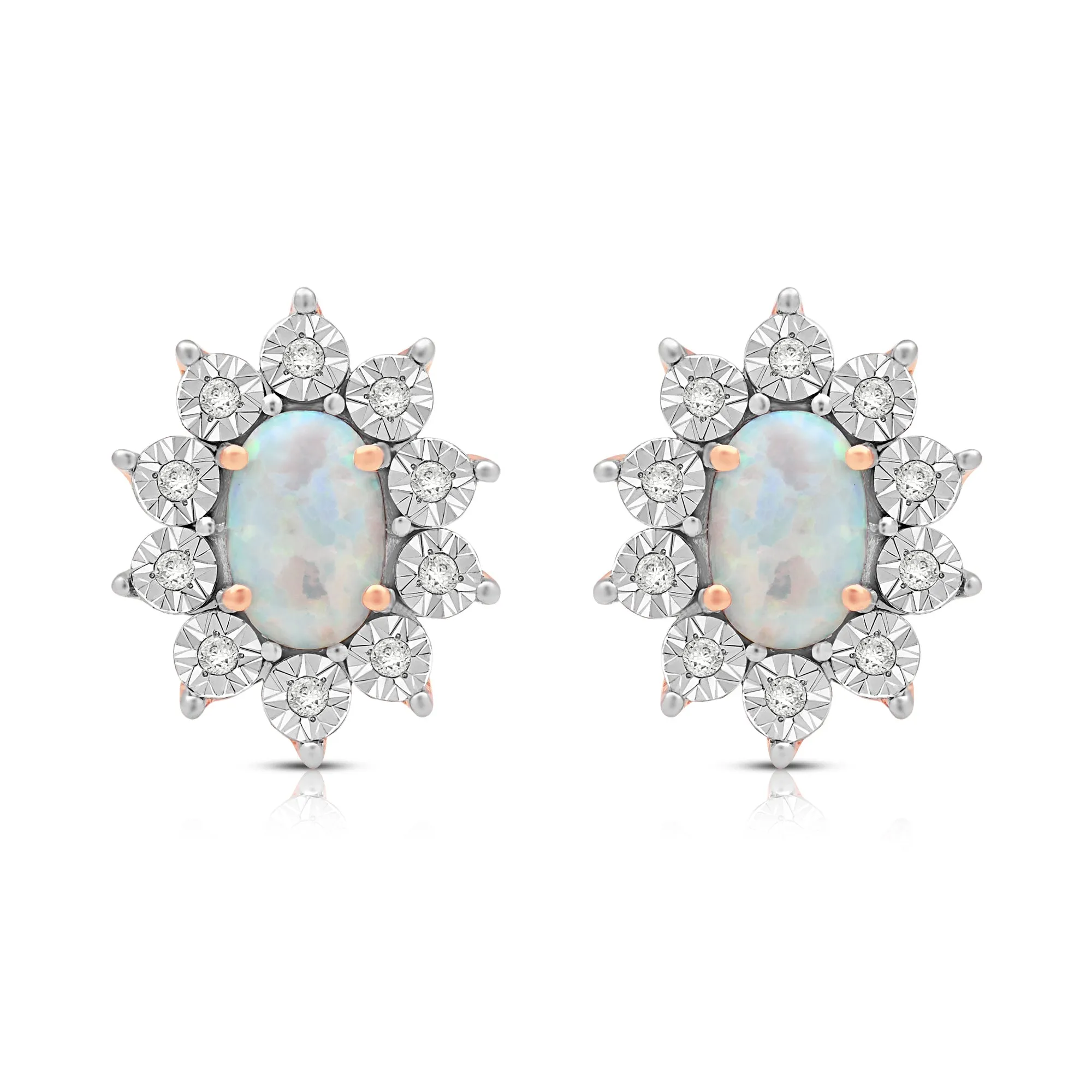 Jewelili 14K Rose Gold over Sterling Silver Oval Cut Created Opal and Natural White Round Diamond Accent Halo Stud Earrings