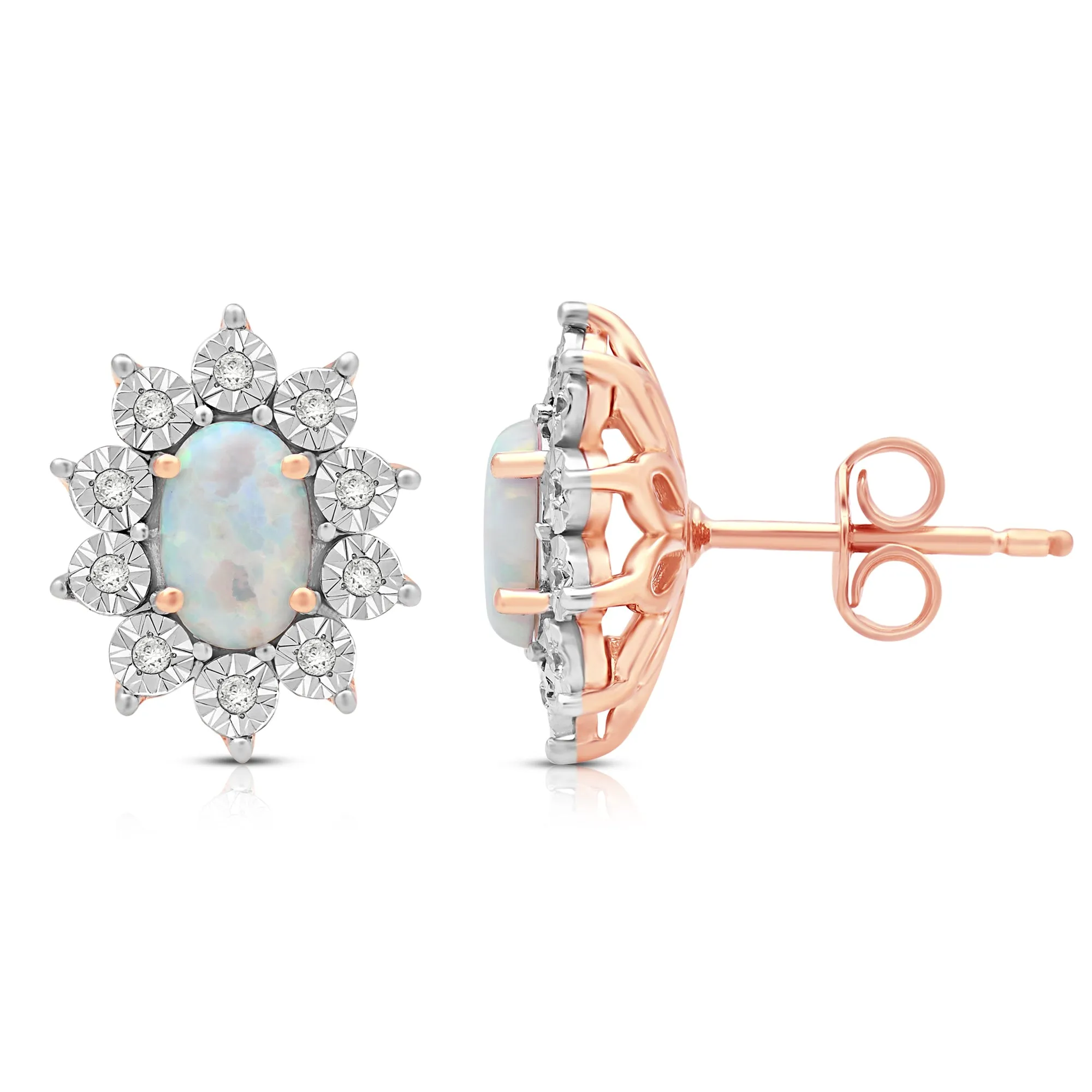 Jewelili 14K Rose Gold over Sterling Silver Oval Cut Created Opal and Natural White Round Diamond Accent Halo Stud Earrings
