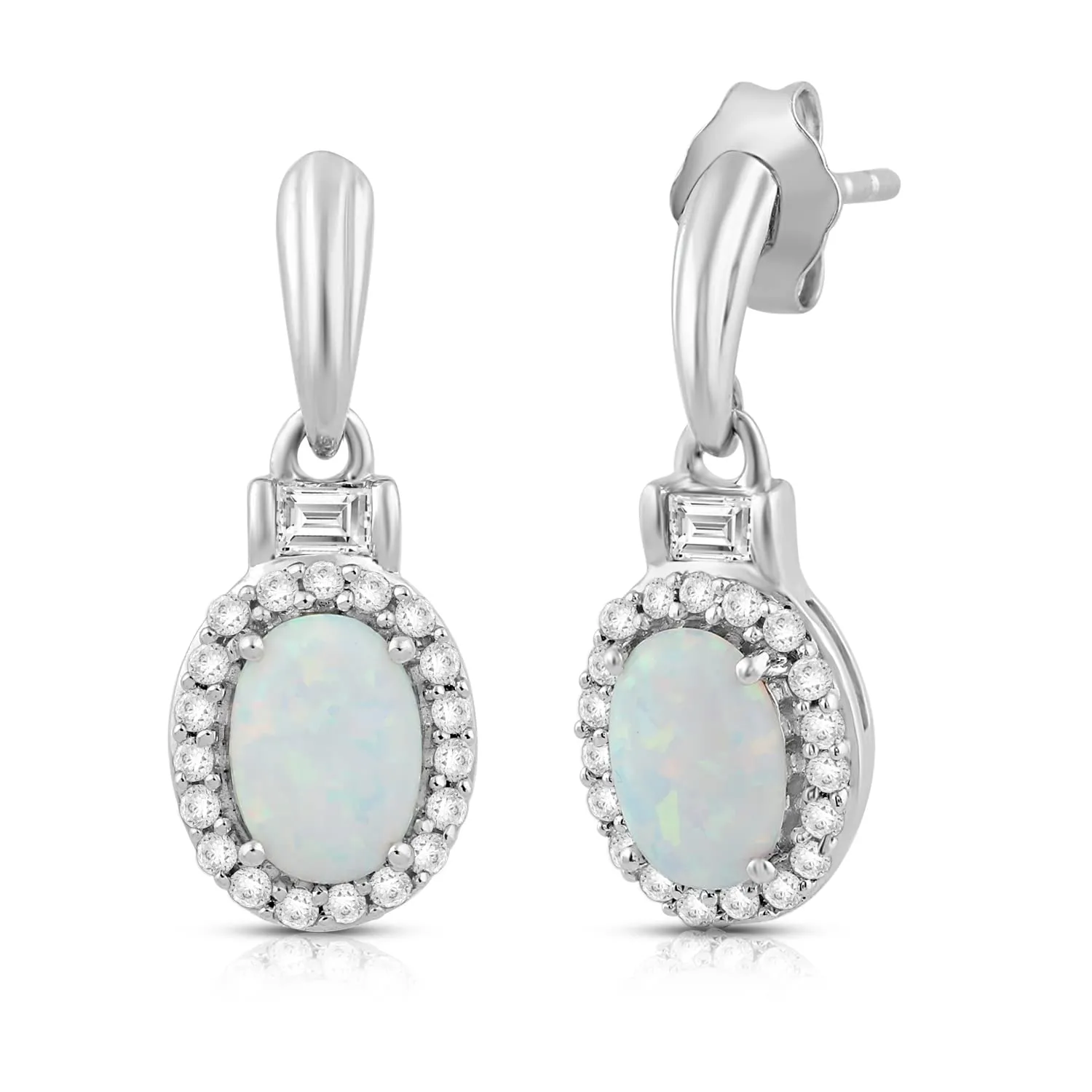 Jewelili Sterling Silver with Created Opal and Created White Sapphire Dangle Earrings