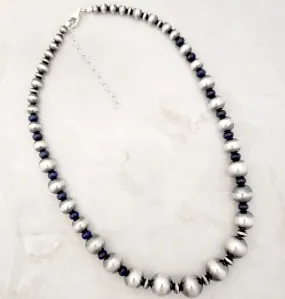 Large Navajo Pearls & Lapis Graduated Necklace Sterling Silver