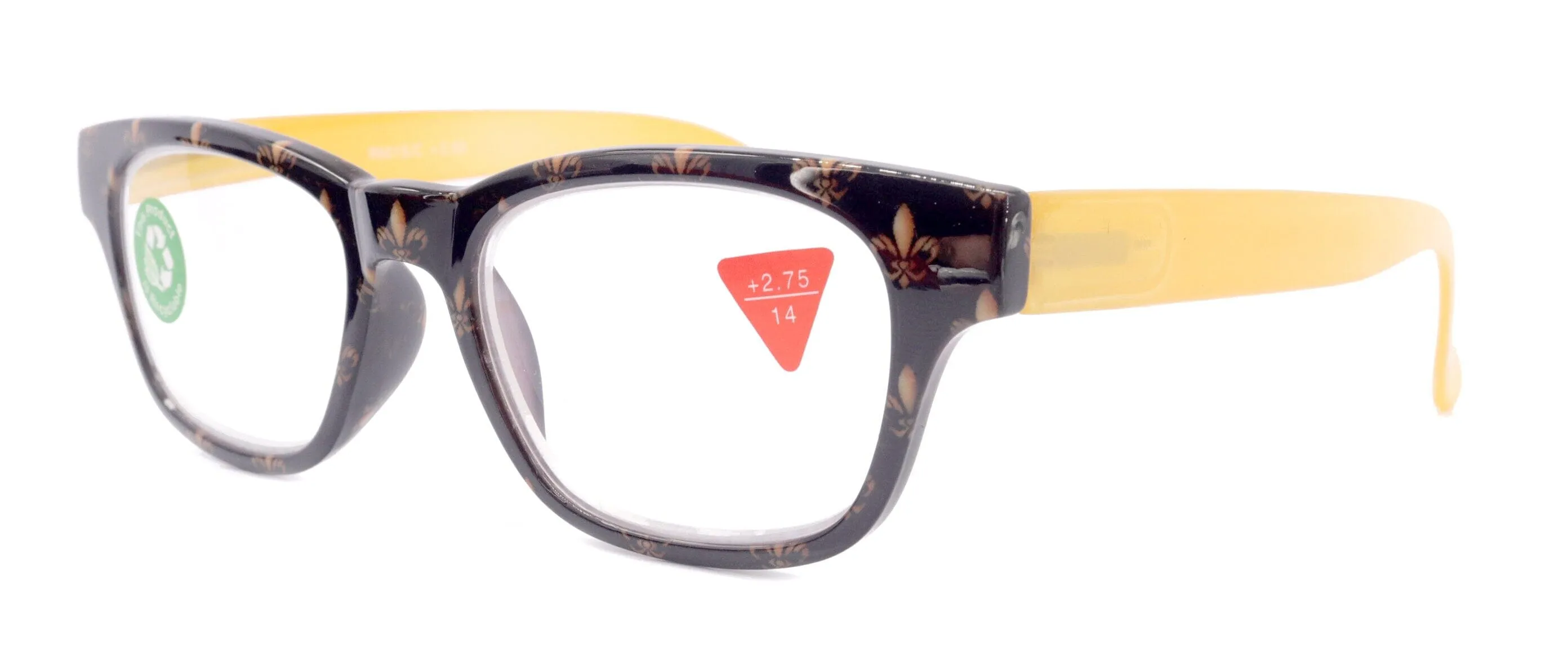 Lilly, (Premium) Reading Glasses (Fleur De Lis)  1 ..  3 Magnifying, Fashion Square Optical Frame. (Yellow, Gold, Black) NY Fifth Avenue.