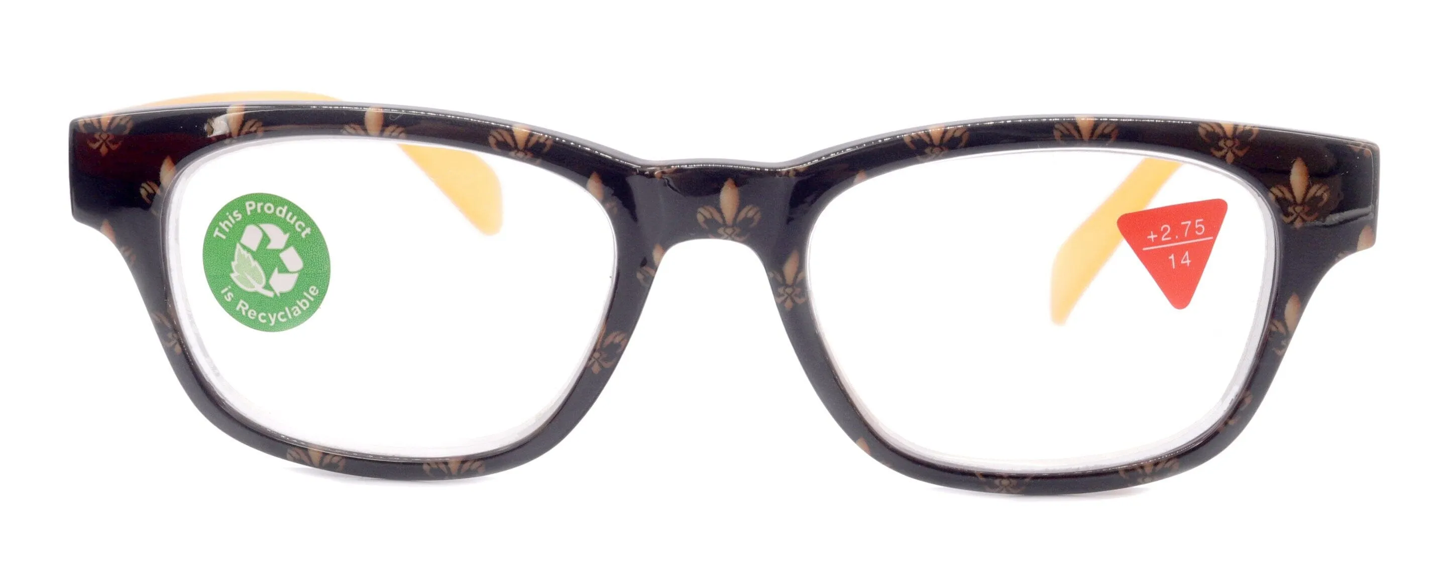 Lilly, (Premium) Reading Glasses (Fleur De Lis)  1 ..  3 Magnifying, Fashion Square Optical Frame. (Yellow, Gold, Black) NY Fifth Avenue.