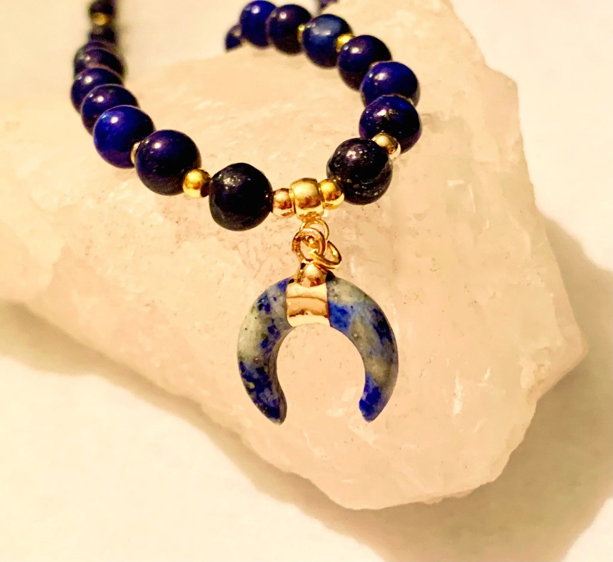 Luria- Handmade Genuine Lapis Lazuli Beaded and Lapis Lazuli Moon Pendant Necklace