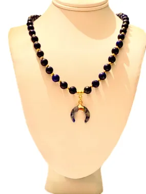 Luria- Handmade Genuine Lapis Lazuli Beaded and Lapis Lazuli Moon Pendant Necklace