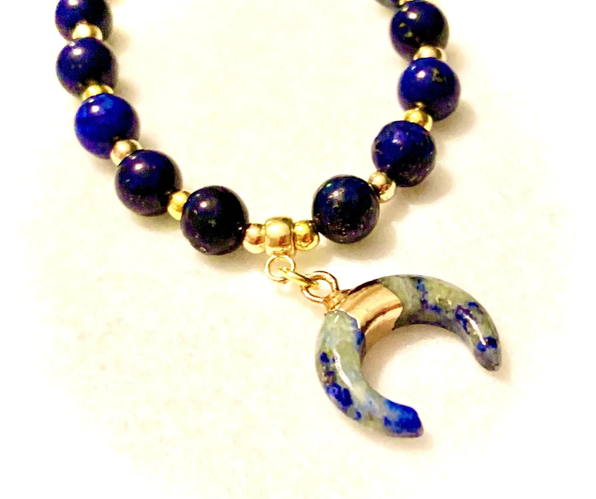 Luria- Handmade Genuine Lapis Lazuli Beaded and Lapis Lazuli Moon Pendant Necklace