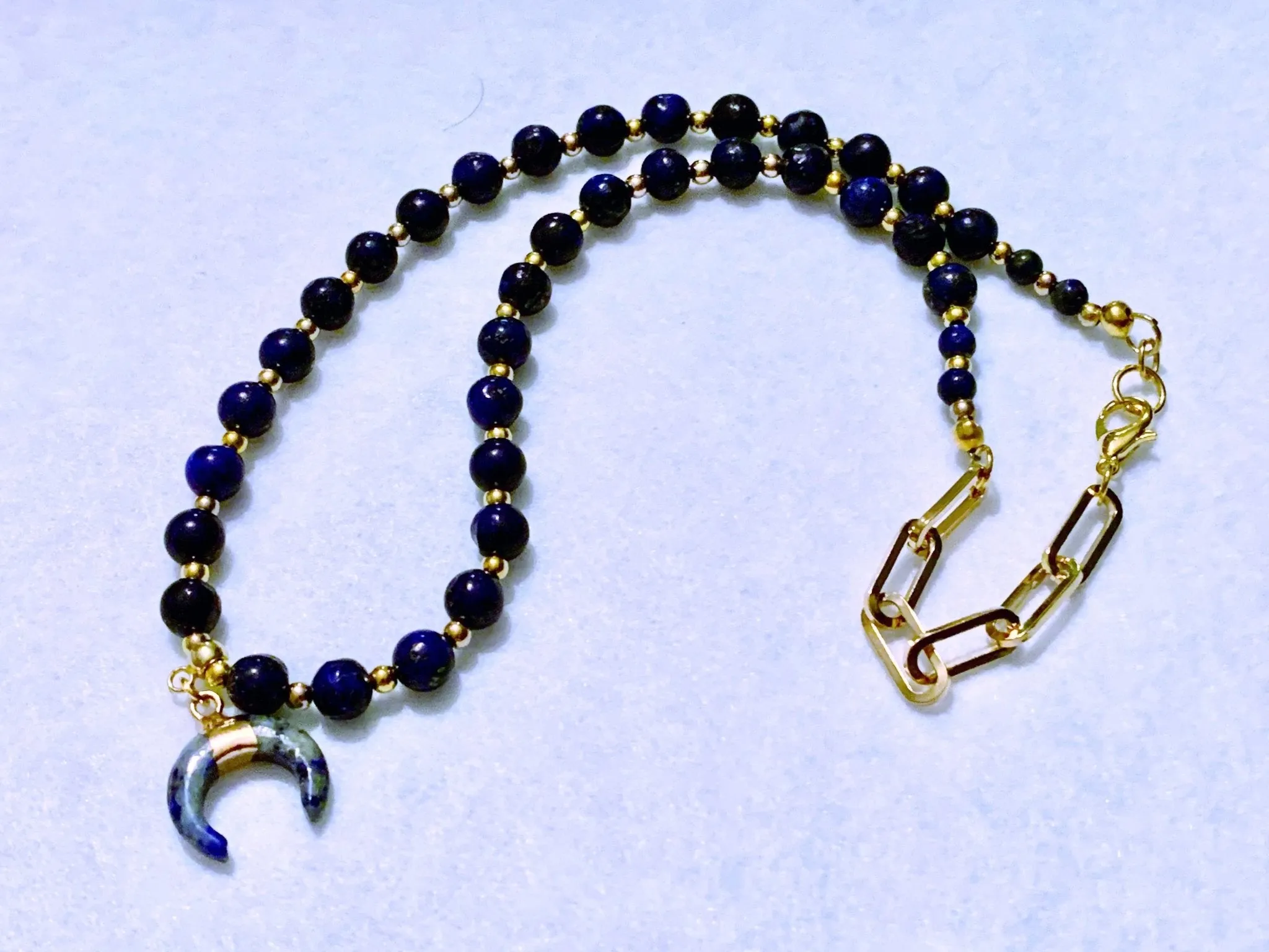 Luria- Handmade Genuine Lapis Lazuli Beaded and Lapis Lazuli Moon Pendant Necklace