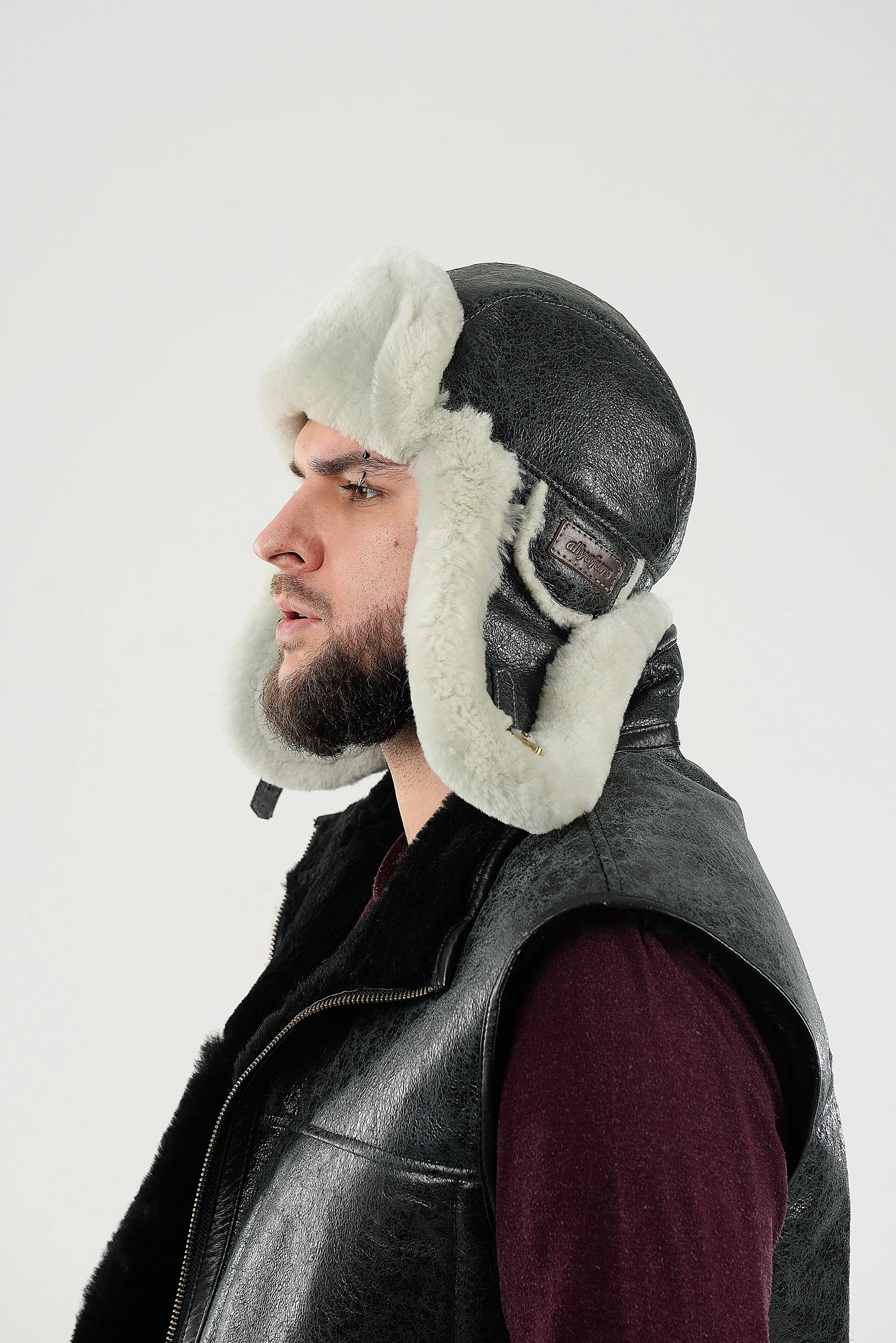 Men's Sheepskin "Aviator" Hat in  Grey color