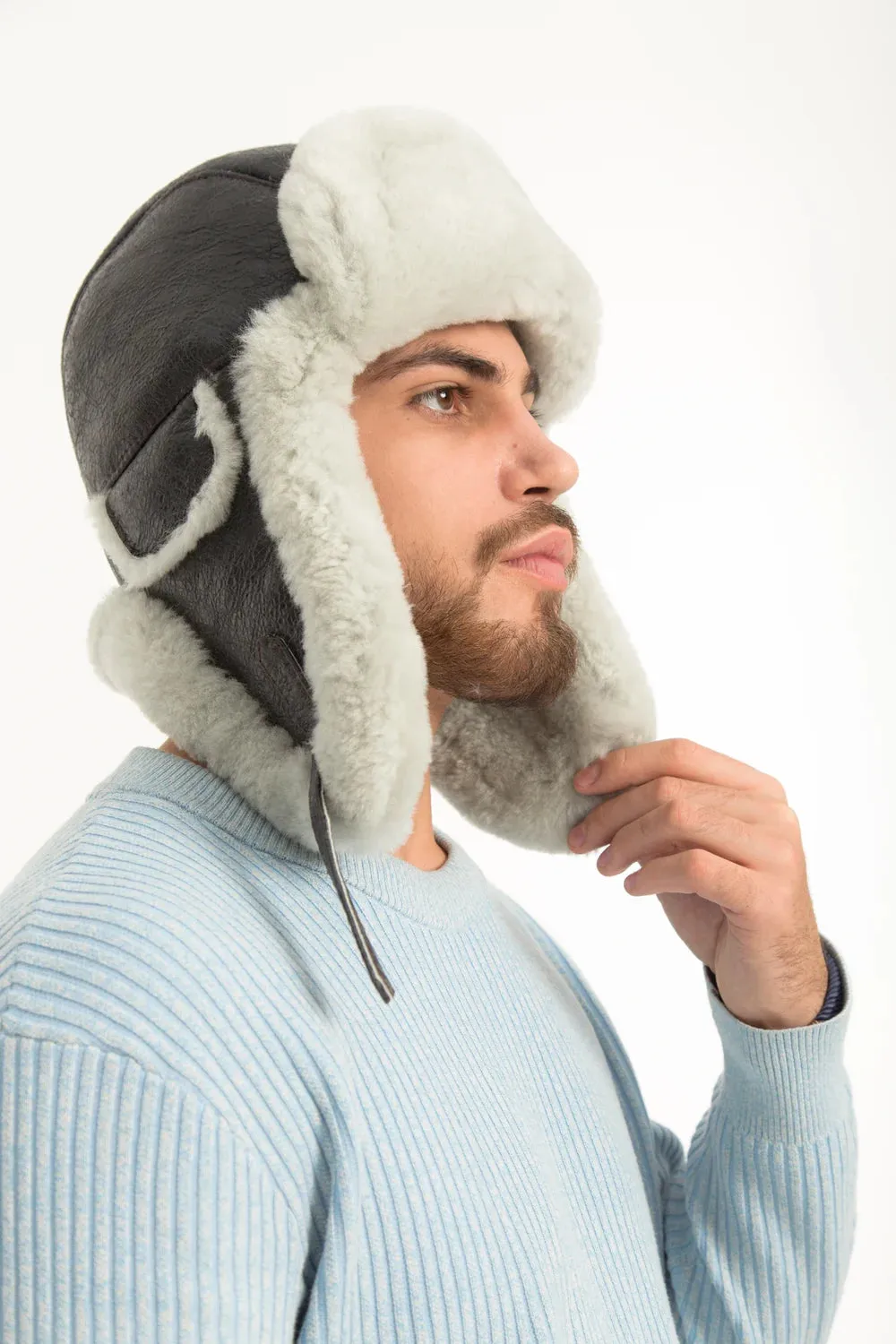 Men's Sheepskin "Aviator" Hat in  Grey color