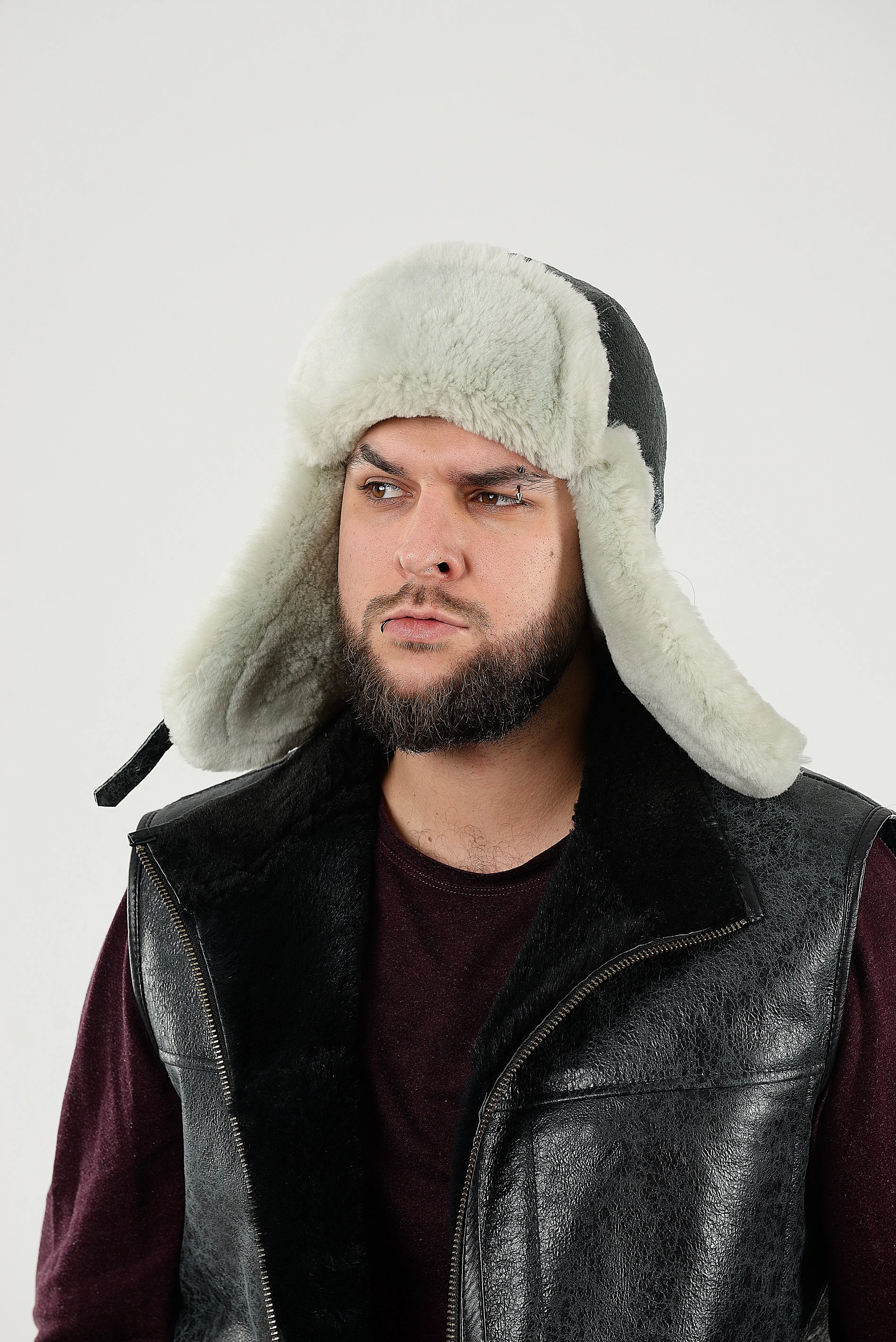 Men's Sheepskin "Aviator" Hat in  Grey color