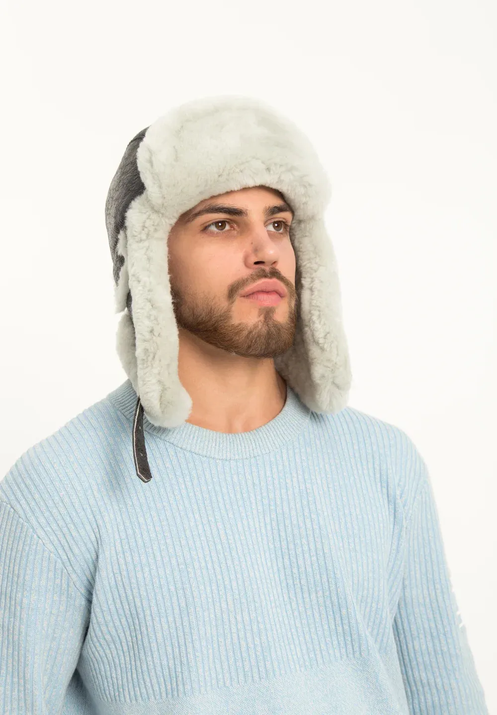 Men's Sheepskin "Aviator" Hat in  Grey color