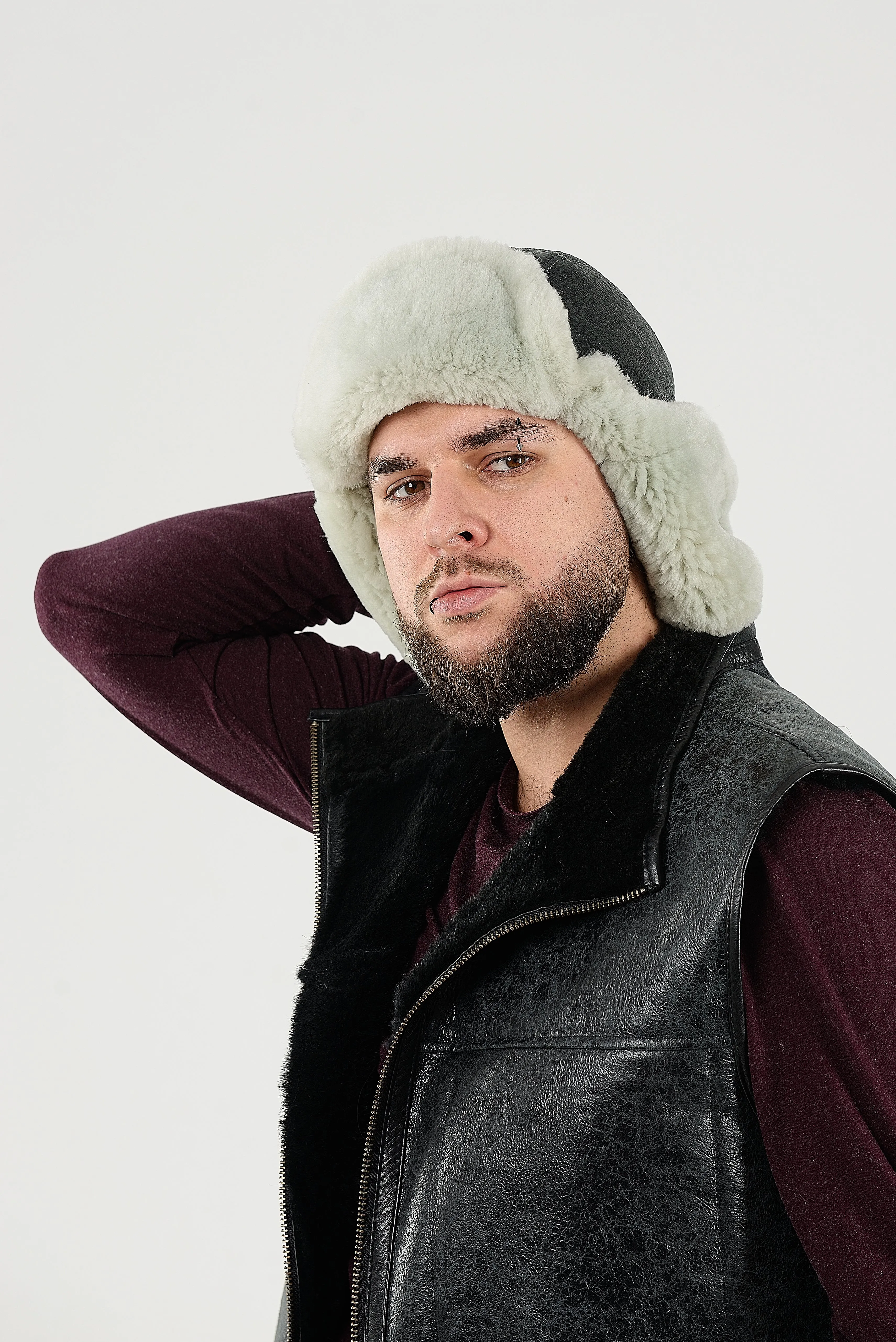 Men's Sheepskin "Aviator" Hat in  Grey color