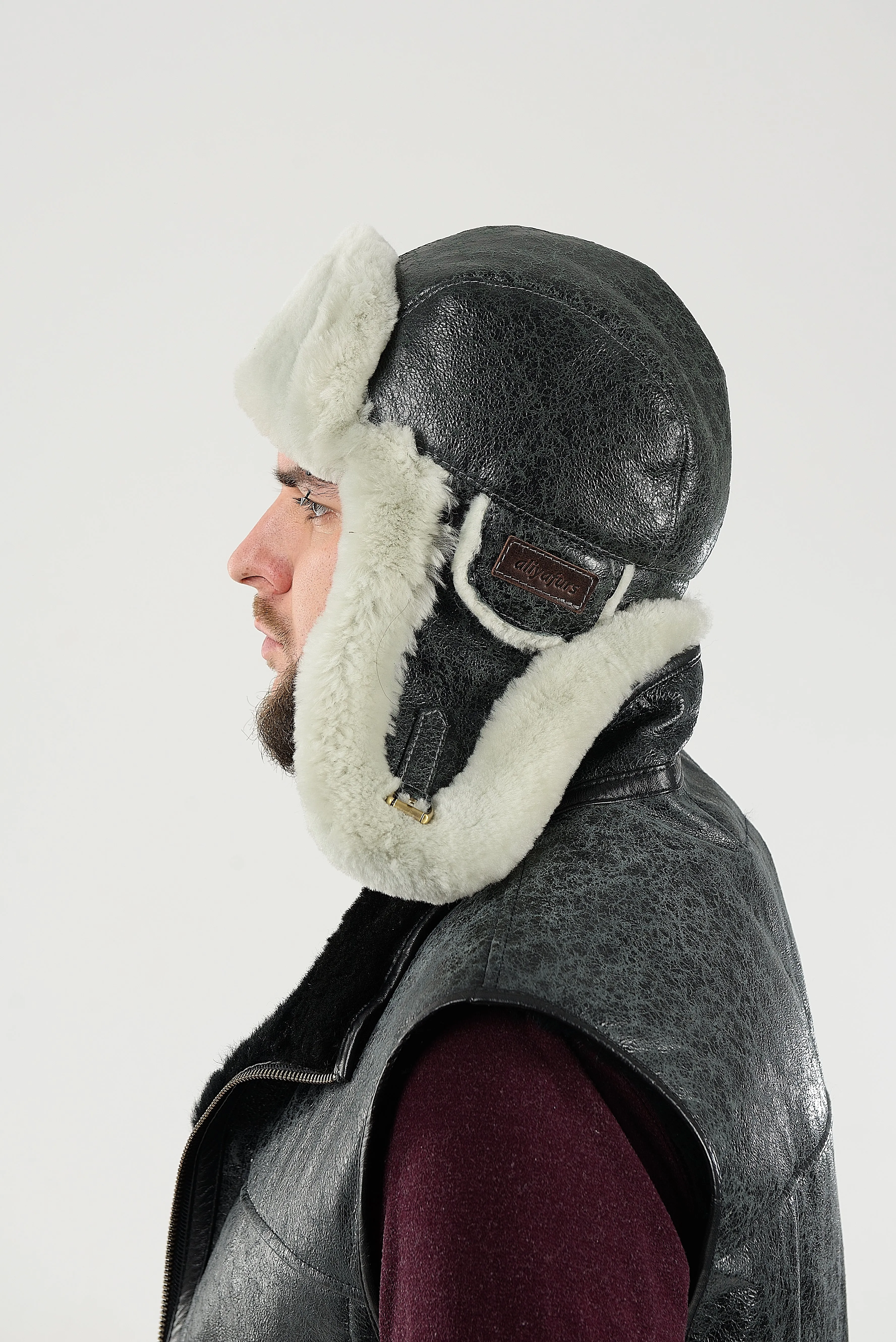 Men's Sheepskin "Aviator" Hat in  Grey color