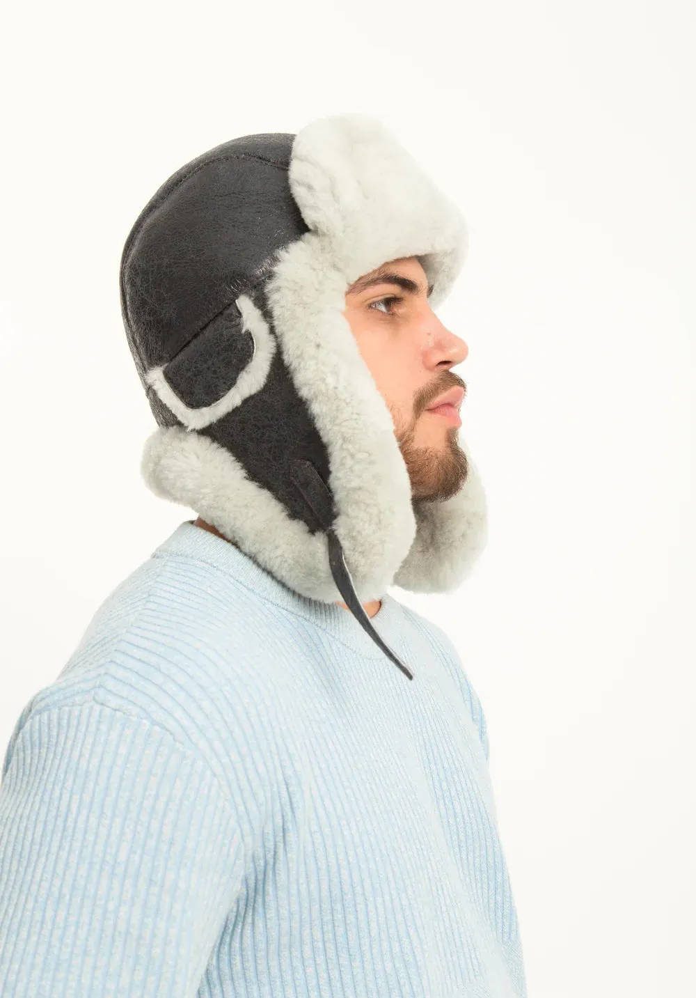 Men's Sheepskin "Aviator" Hat in  Grey color