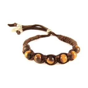 Mens Tiger's Eye Semi Precious Beaded Deerskin Leather Adjustable Bracelet