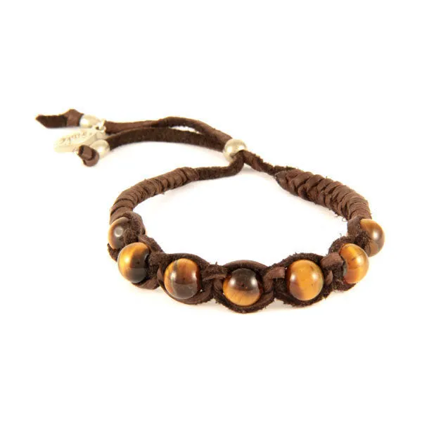 Mens Tiger's Eye Semi Precious Beaded Deerskin Leather Adjustable Bracelet