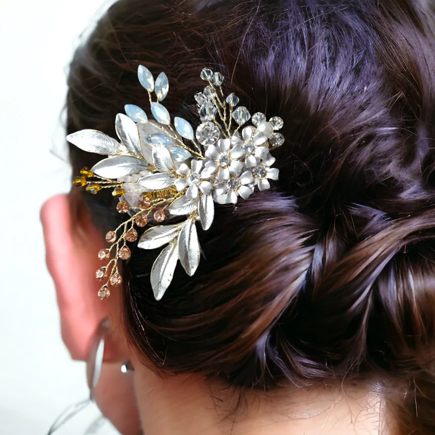 Nuance Flowers Fiesta Handmade Bridal Headpiece in Opal and Soft Gold Tones