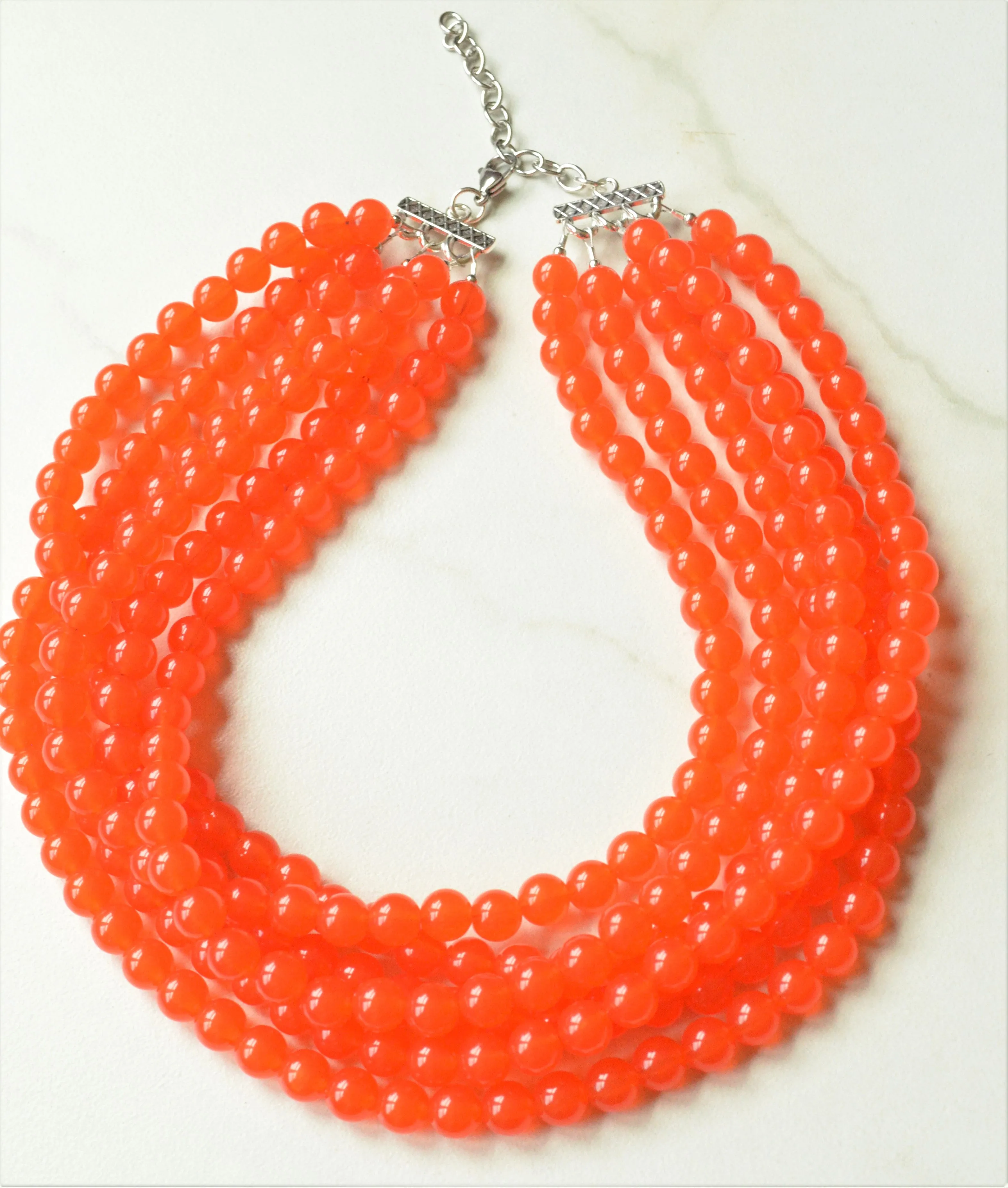 Orange Beaded Acrylic Lucite Chunky Multi Strand Statement Necklace - Alana