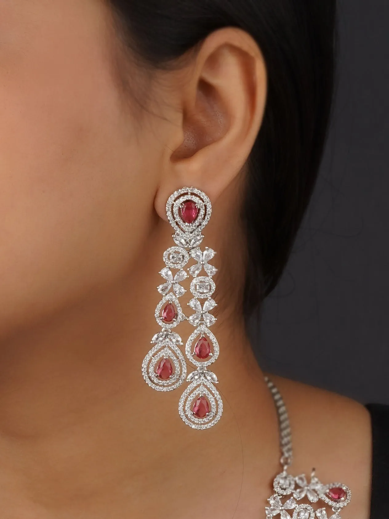 Pink Color Silver Plated Faux Diamond Bridal Necklace Set - CZSET292M