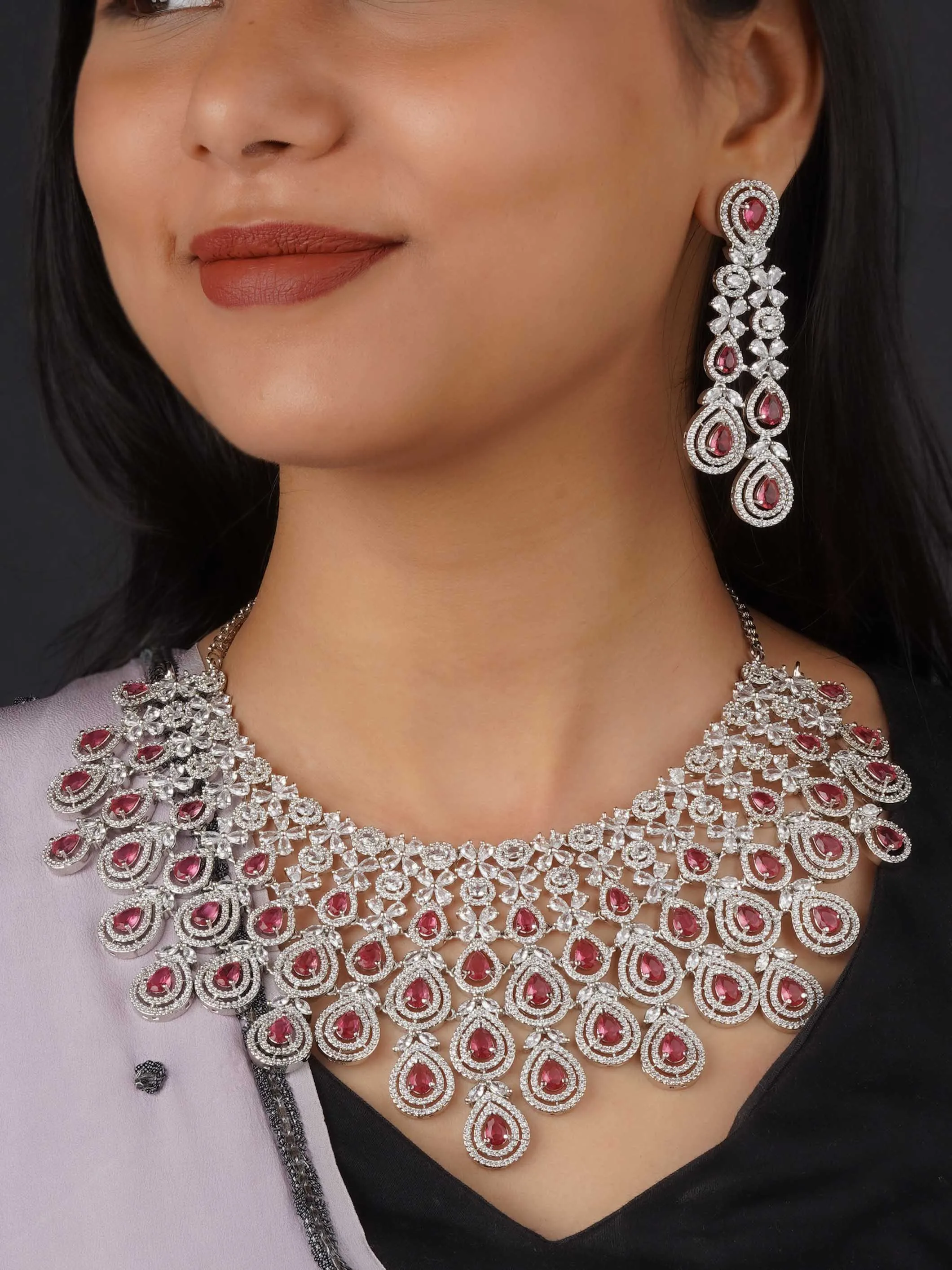 Pink Color Silver Plated Faux Diamond Bridal Necklace Set - CZSET292M