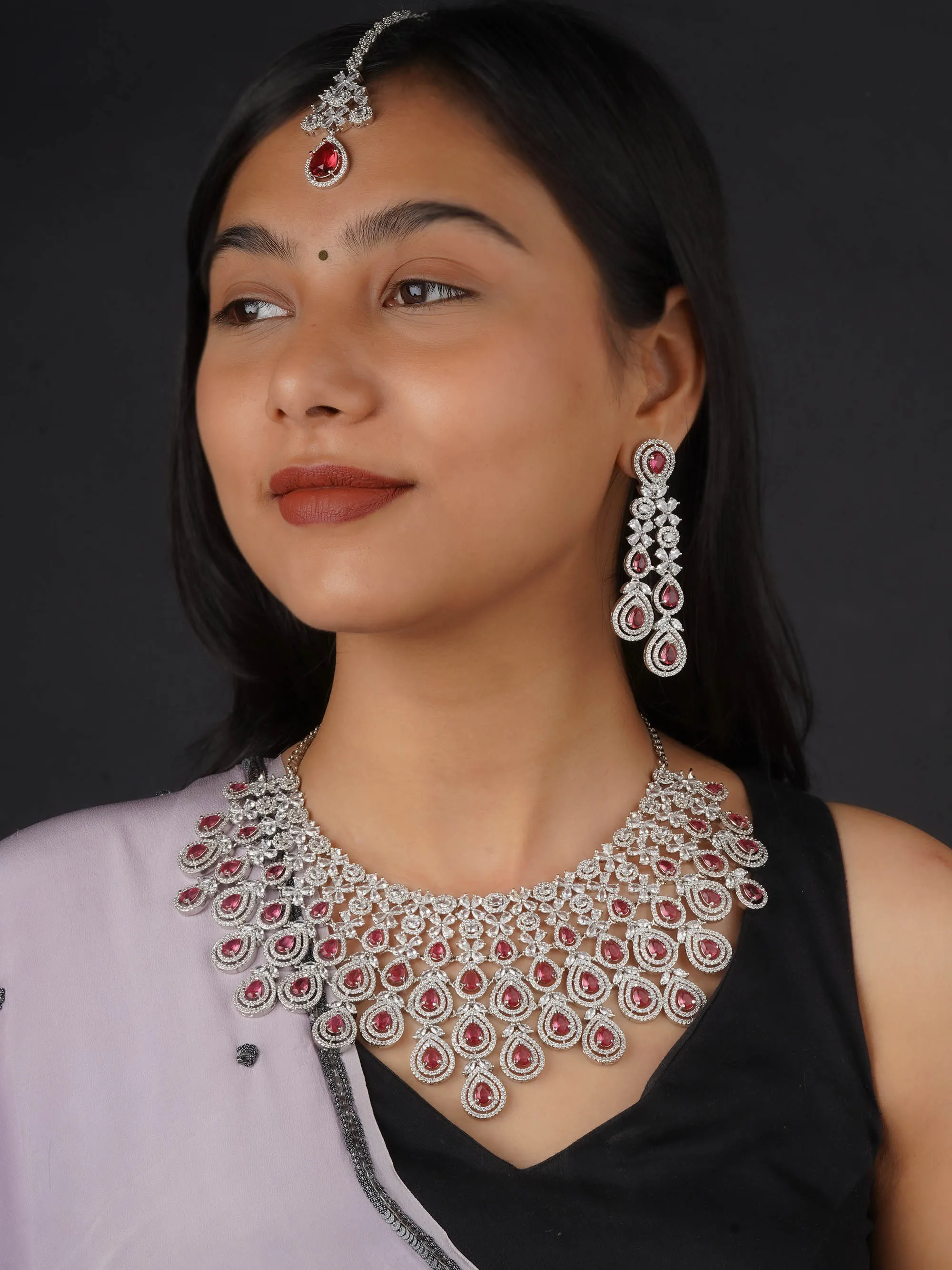 Pink Color Silver Plated Faux Diamond Bridal Necklace Set - CZSET292M